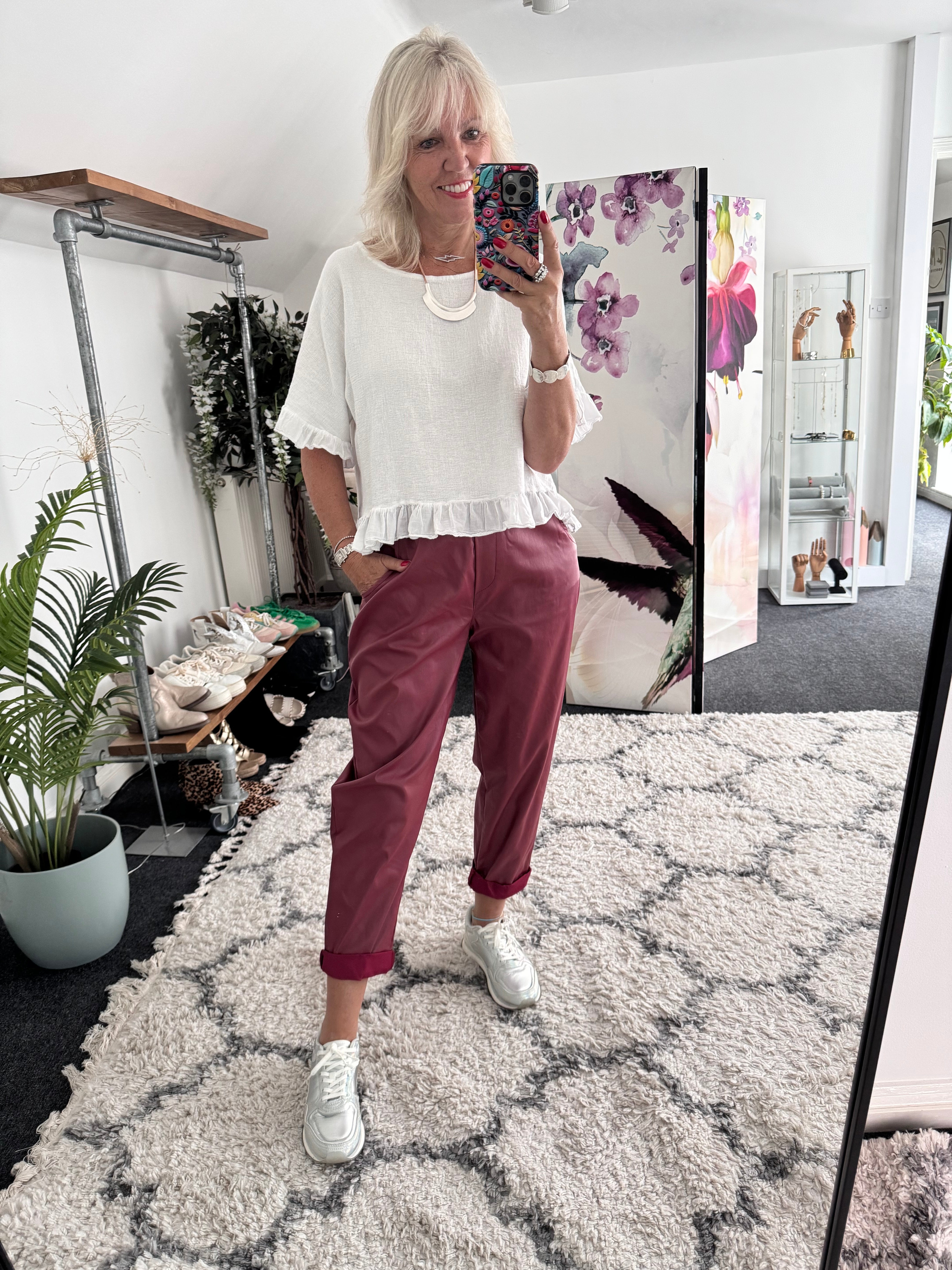 Super Stretch Waxed Barrel Trousers in Berry