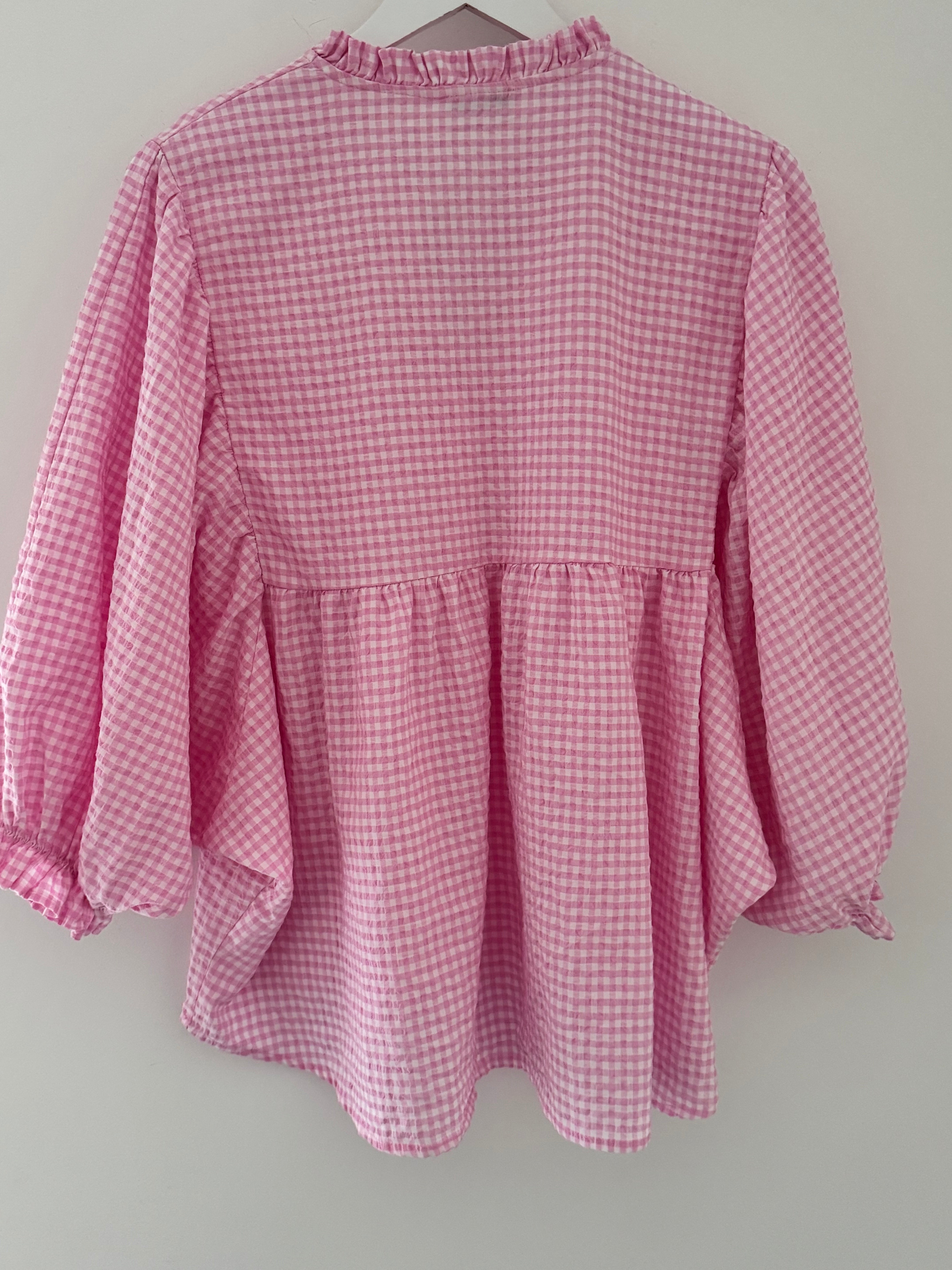 Gingham Seersucker Blouse in Candy Pink