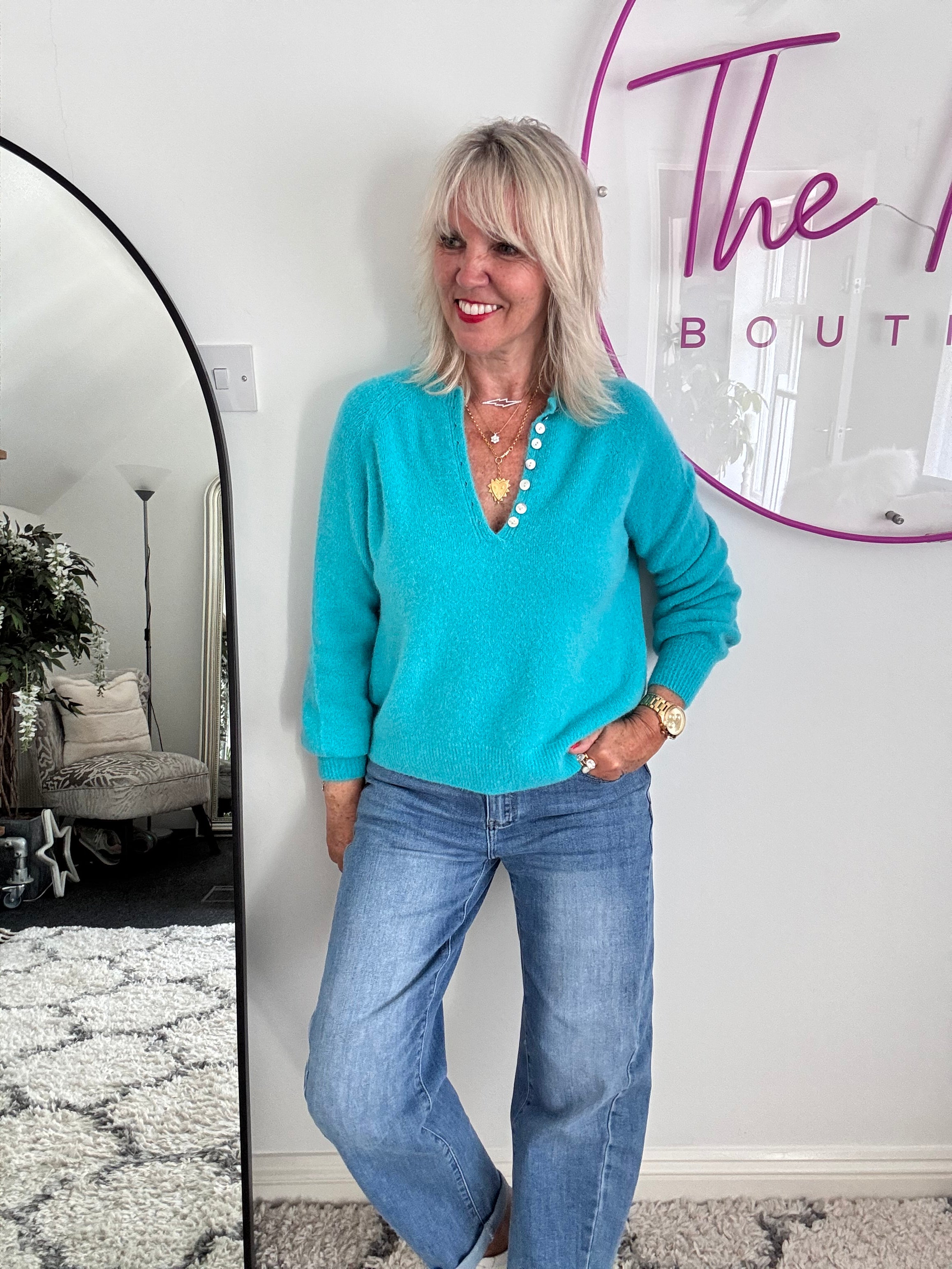 Softie Jumper with Button Neck in Turquoise