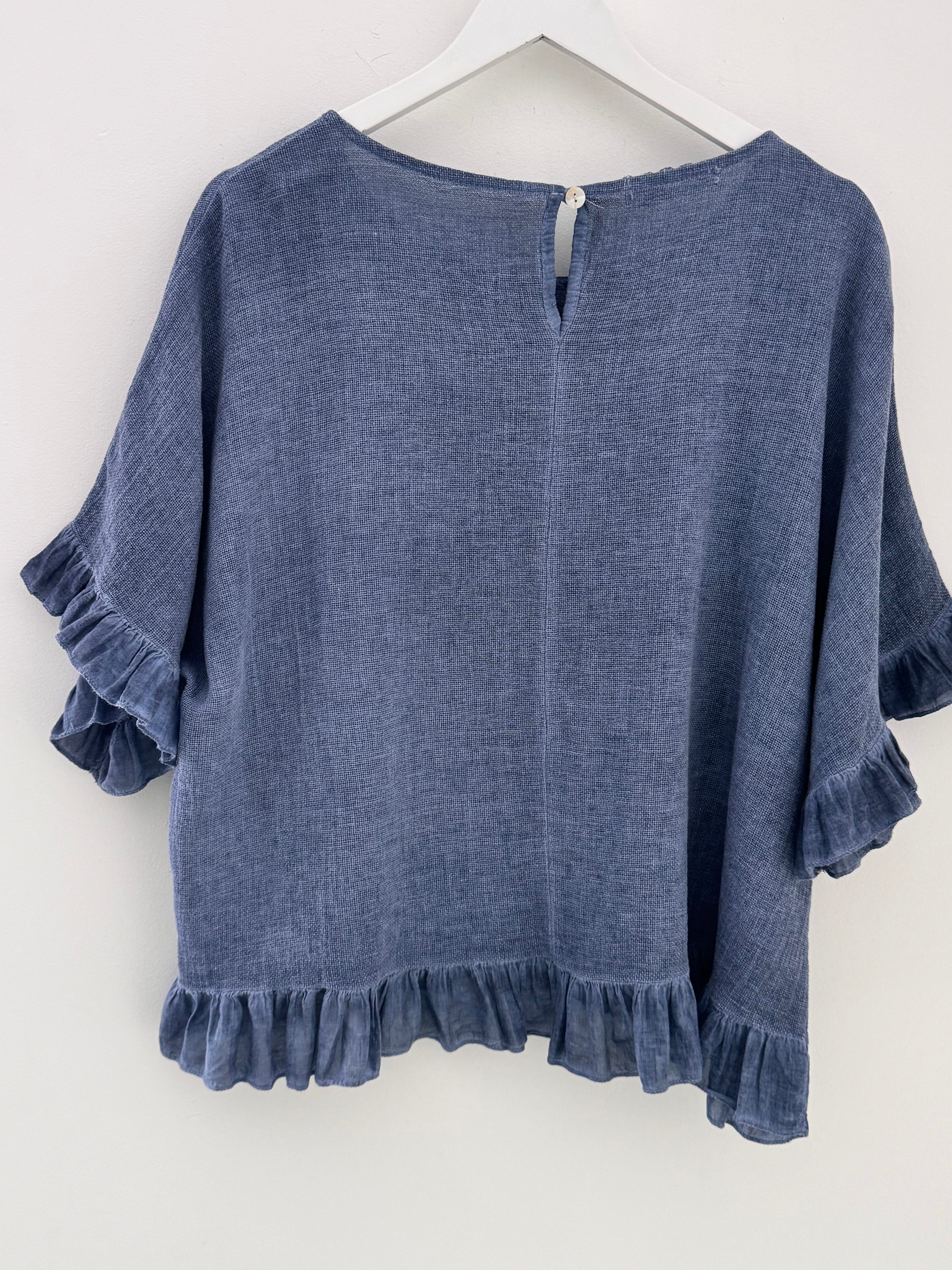 Linen & Cotton Ruffle Edge Top in Denim Blue