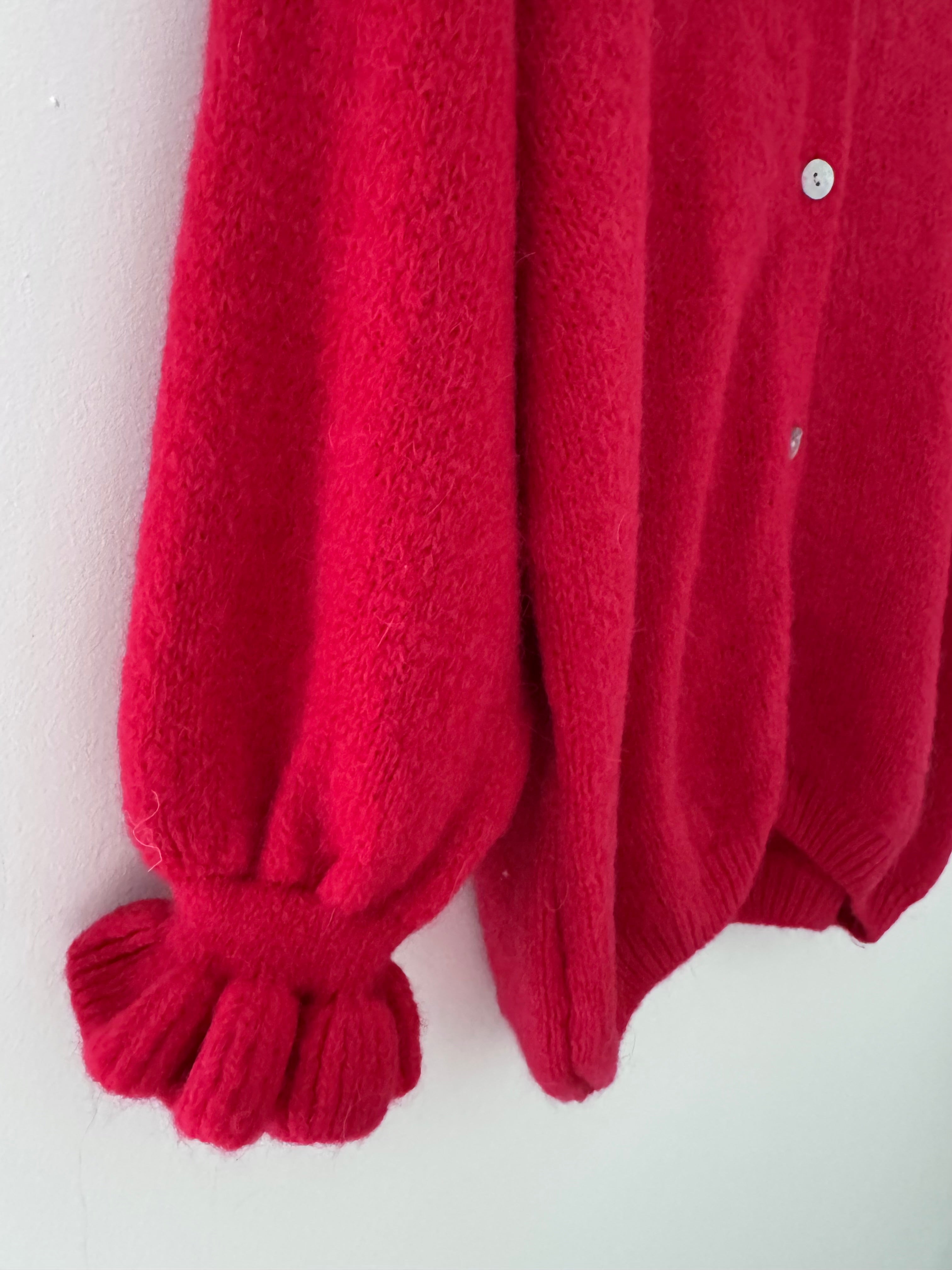 Alpaca Cardi with Frill Cuffs in Red
