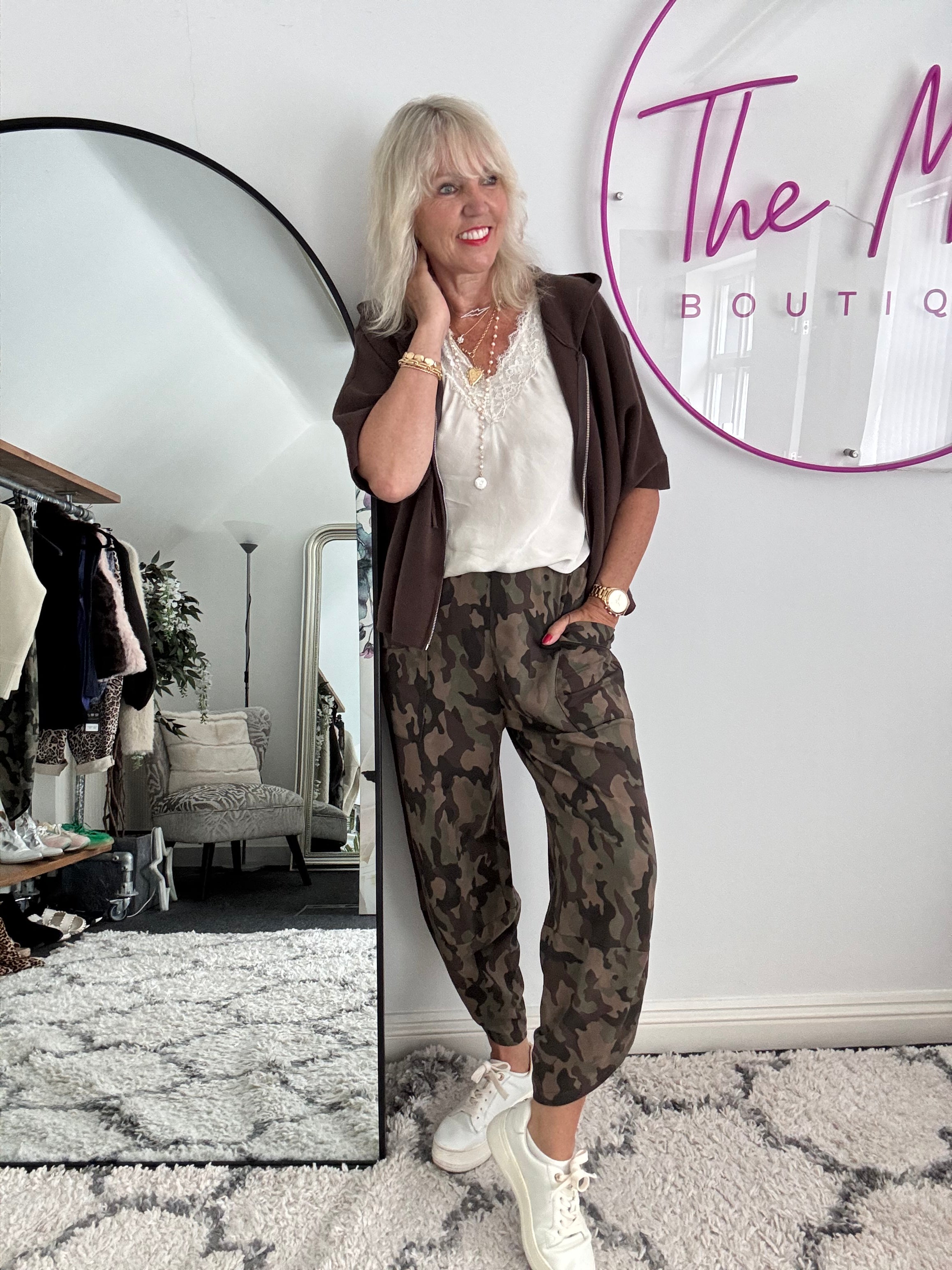 Barrel Cotton Jersey Trousers in Mocha Camo