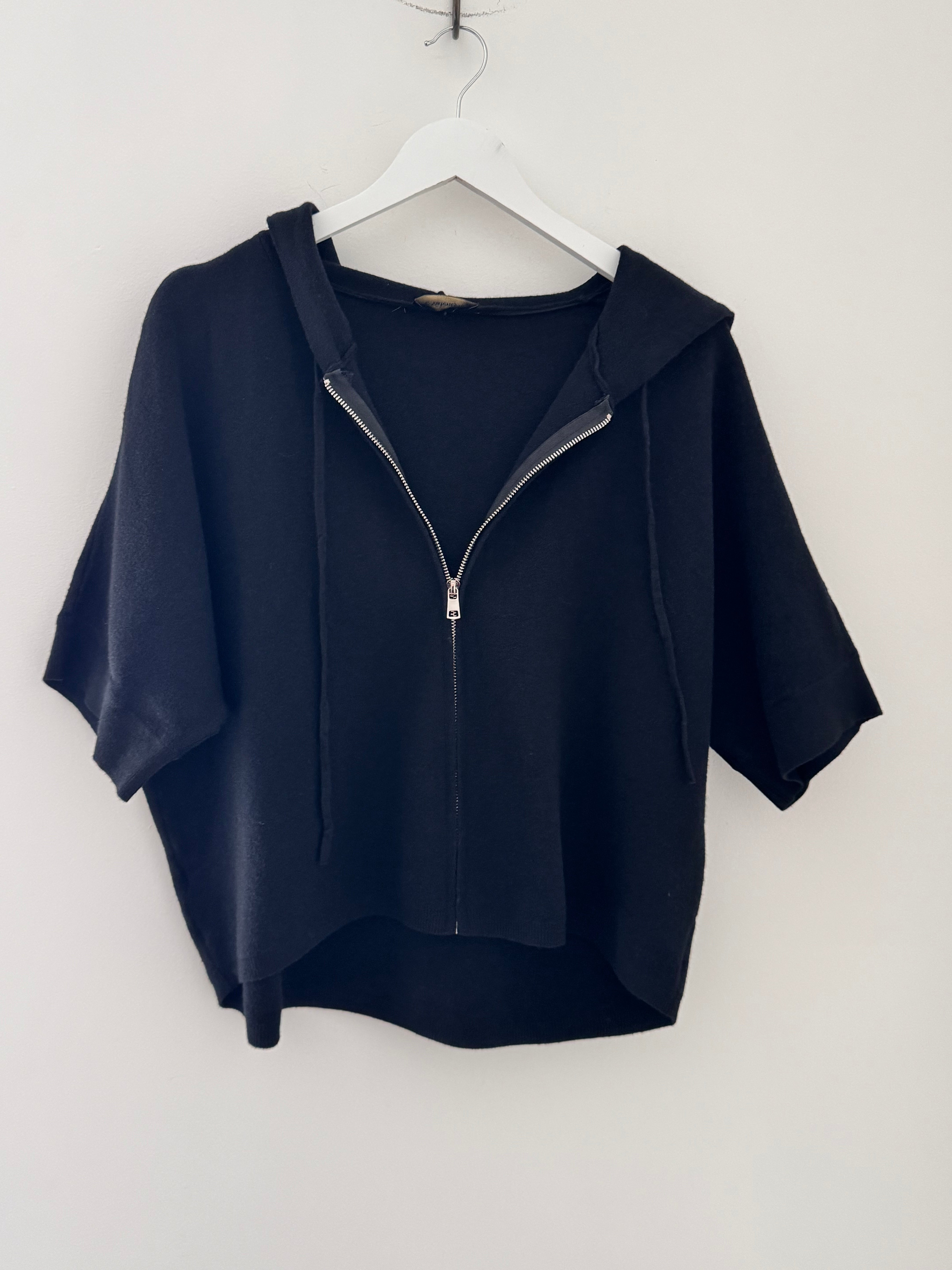 Soft Hooded Zipped Knit in Black