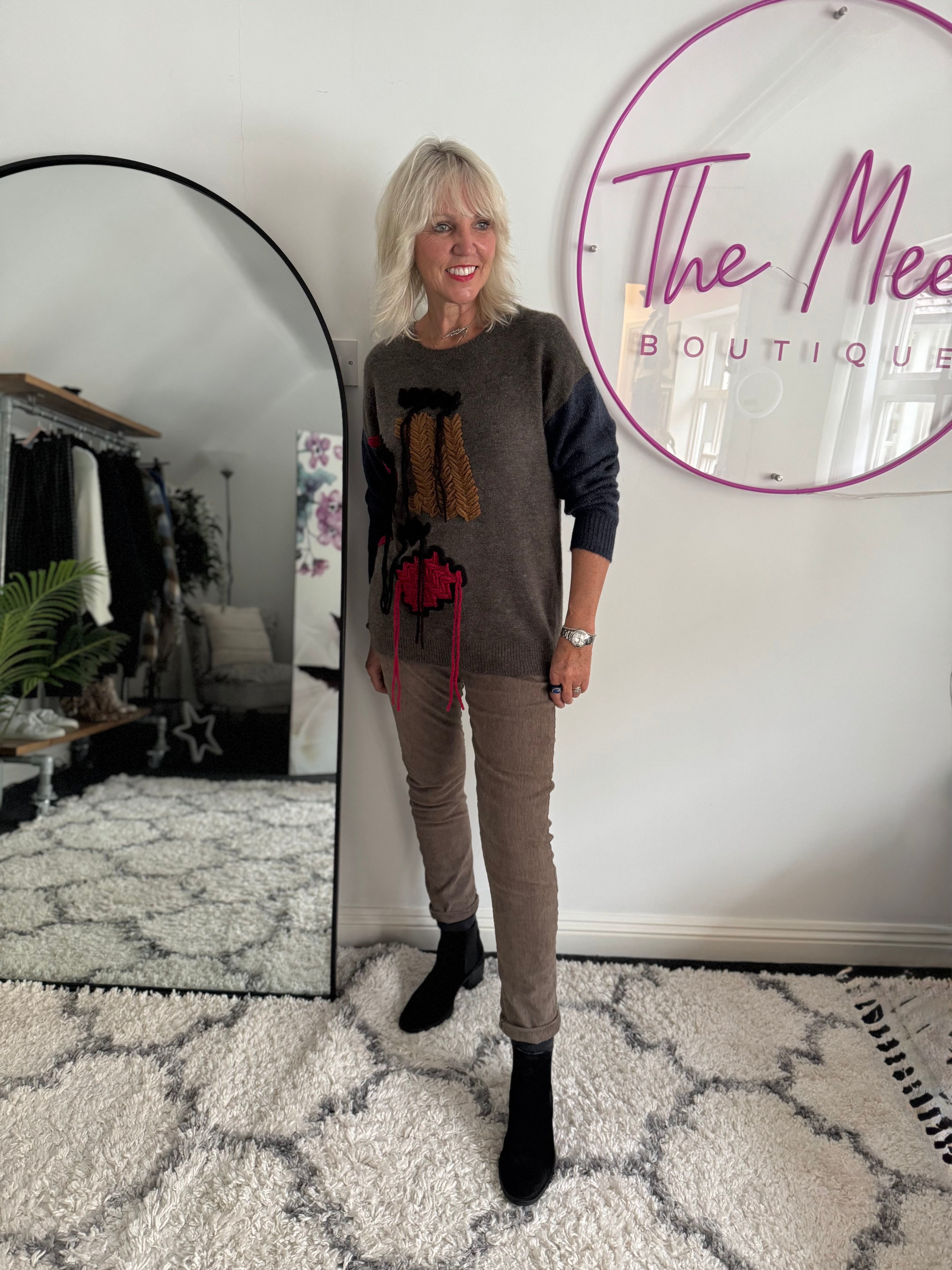 Fringe Cable Knit Jumper in Cocoa & Blue