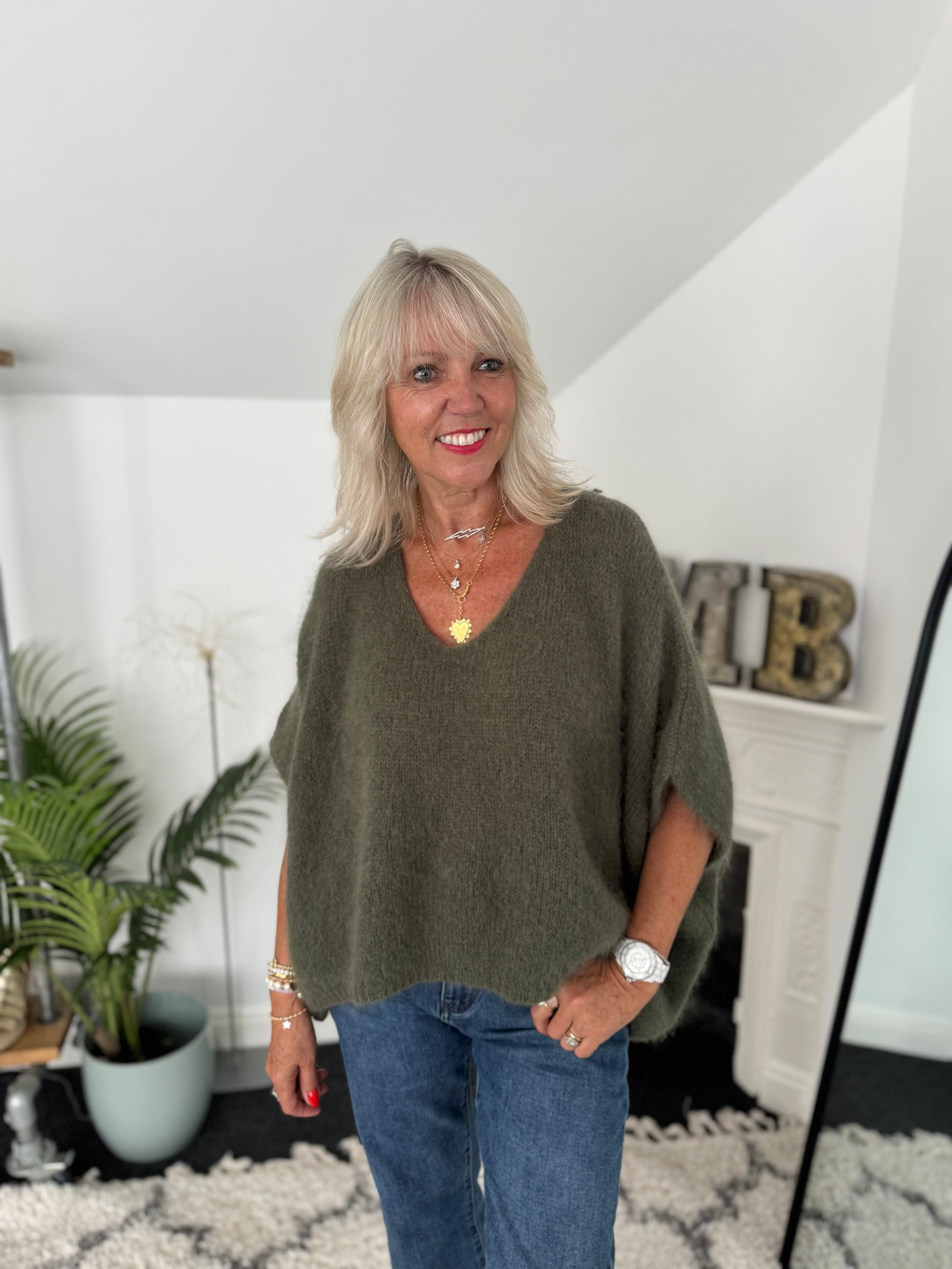Oversized Mohair V Neck Tank in Khaki