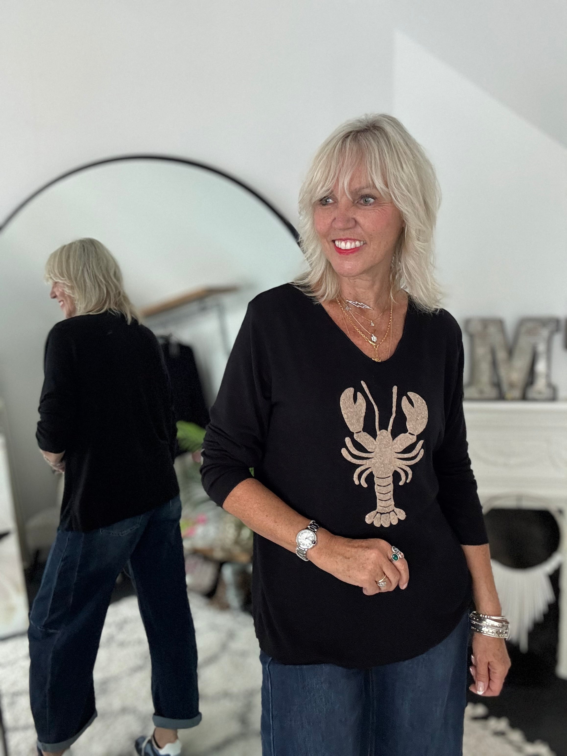 Soft V Neck Lobster Knit in Black