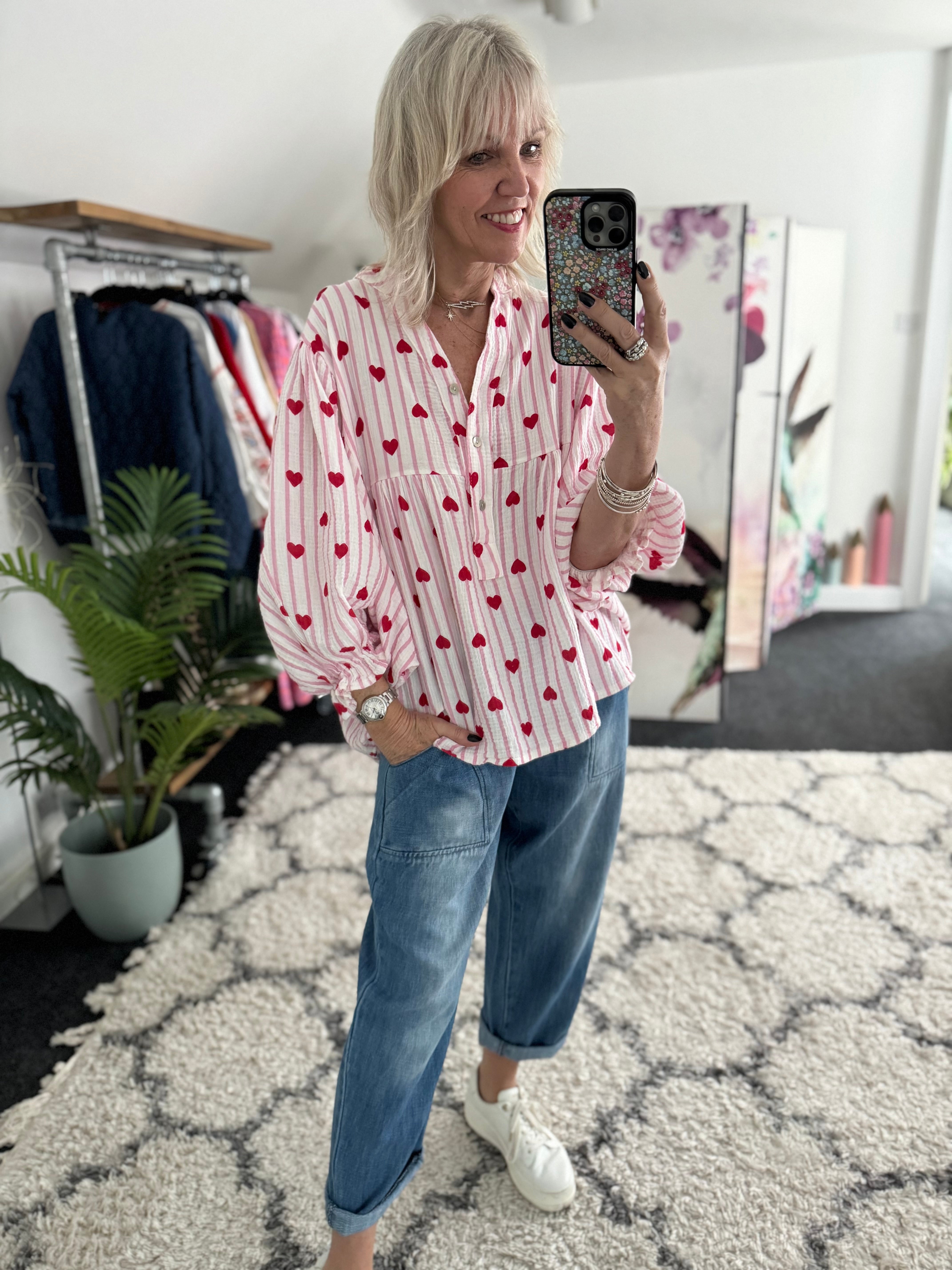 Oversized Cheesecloth Heart Blouse in Pink & Red