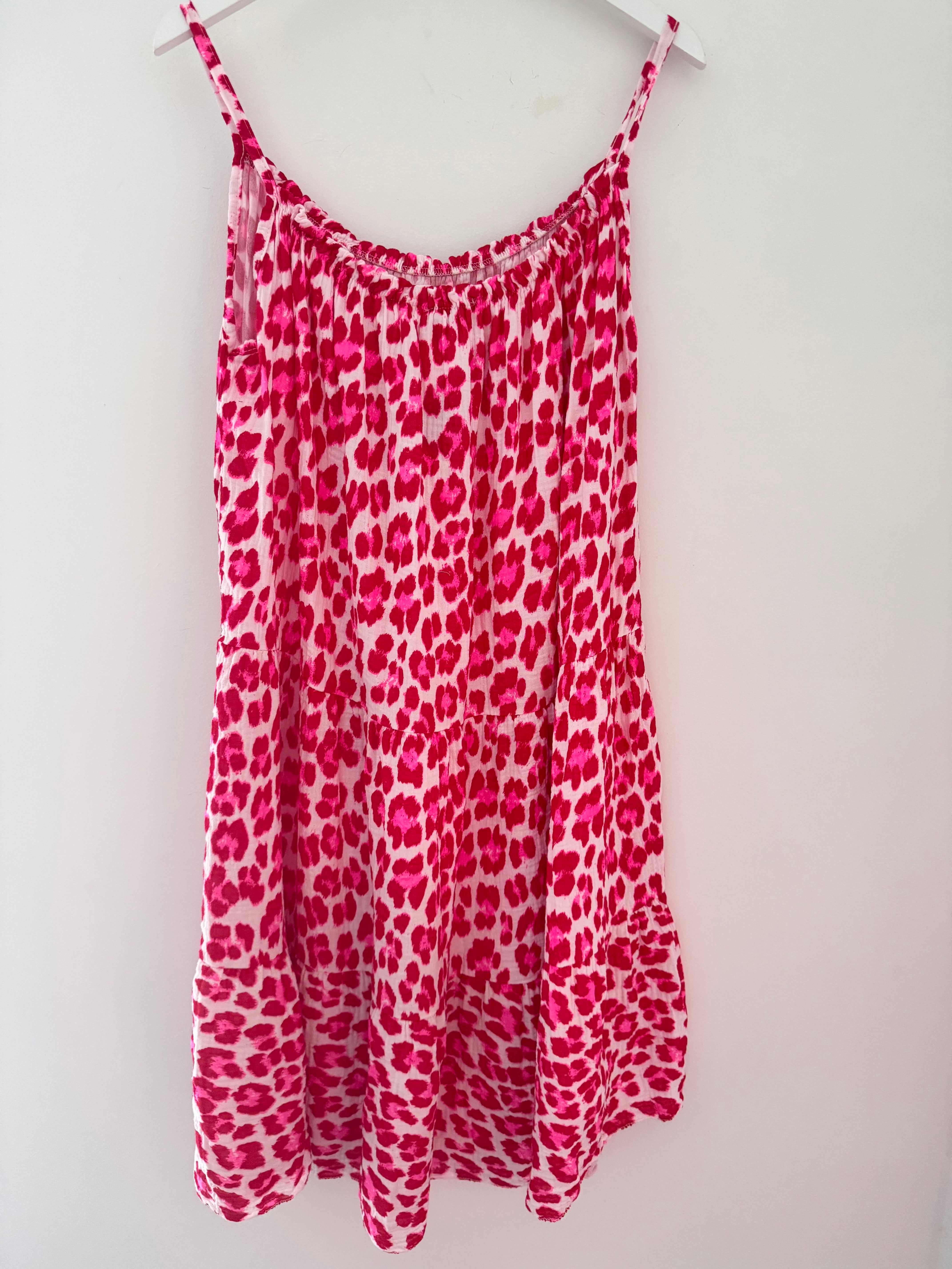 Leopard Cheesecloth Dress in Red & Pink