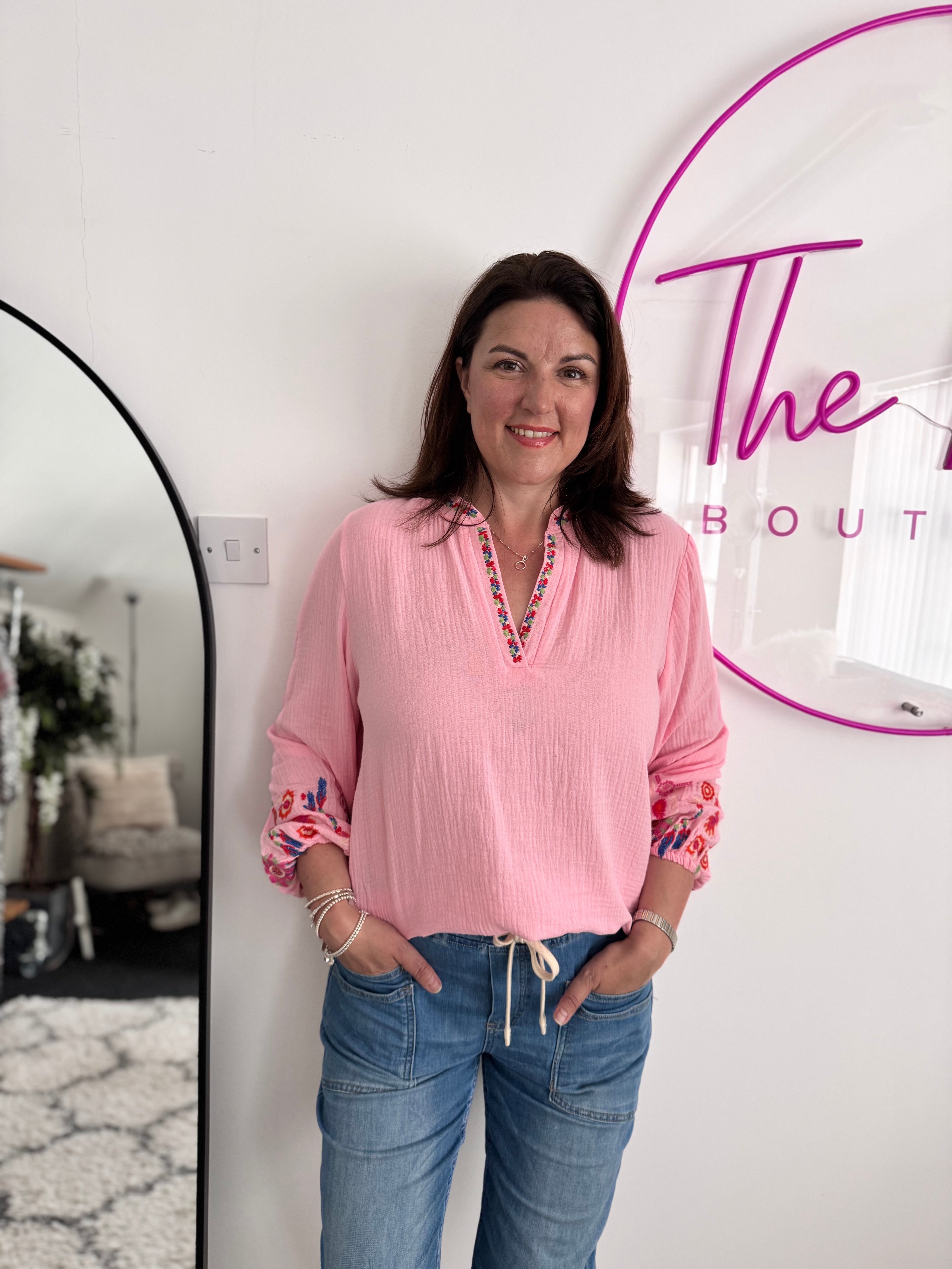 Embroidered Cheesecloth Blouse in Candy Pink