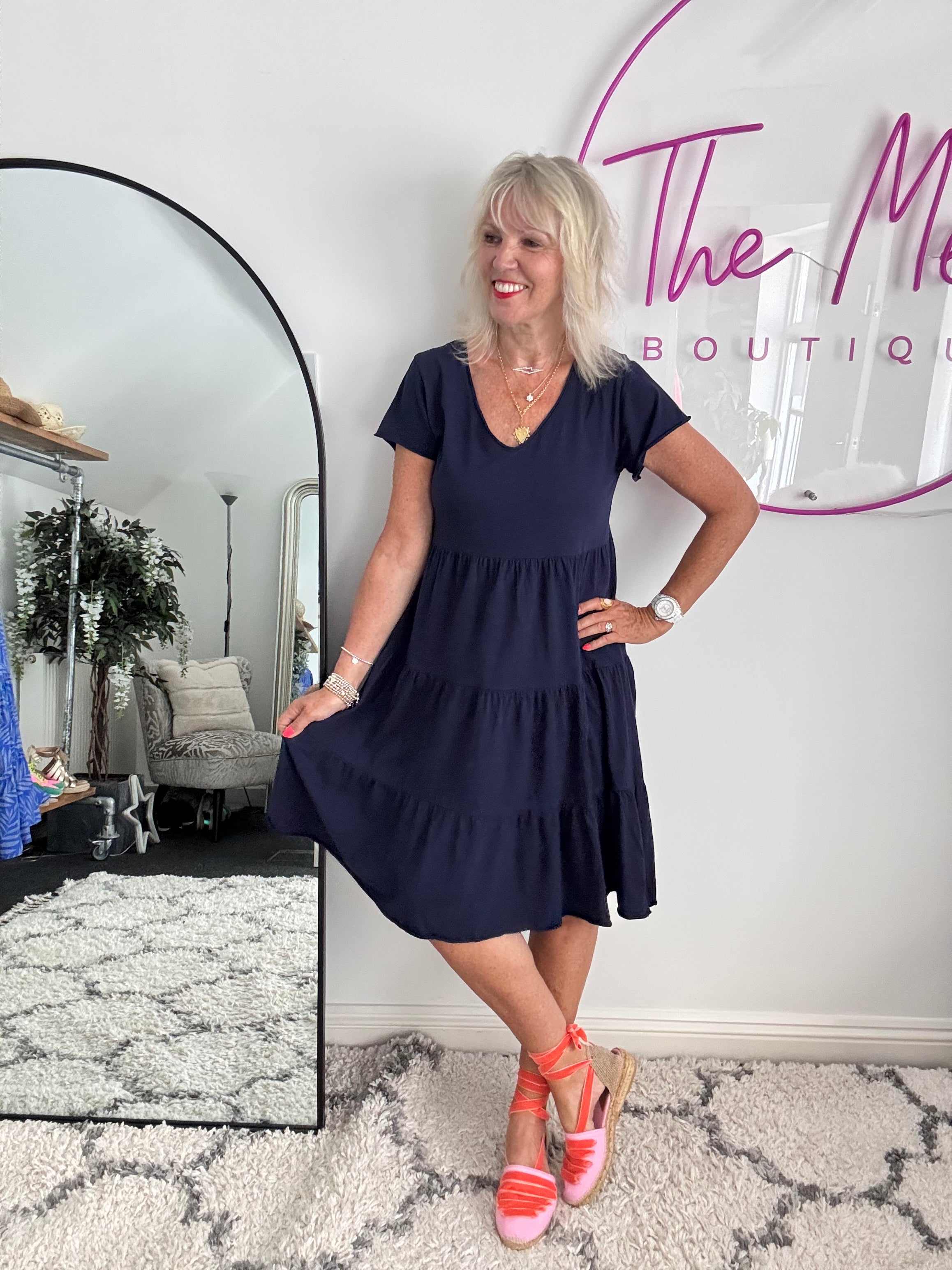 Tiered Cotton Stretch Dress in Navy