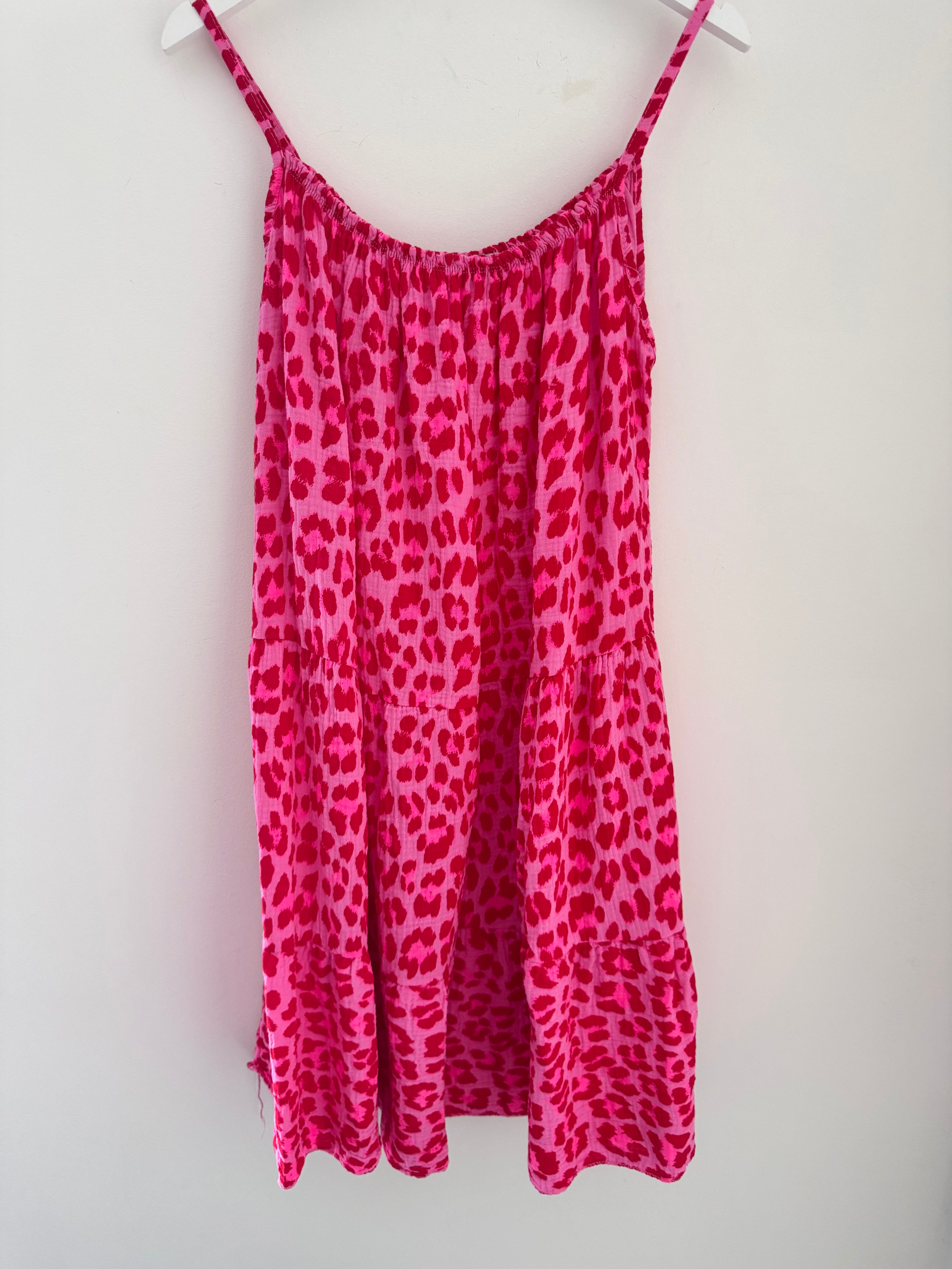 Leopard Cheesecloth Dress in Red & Candy Pink