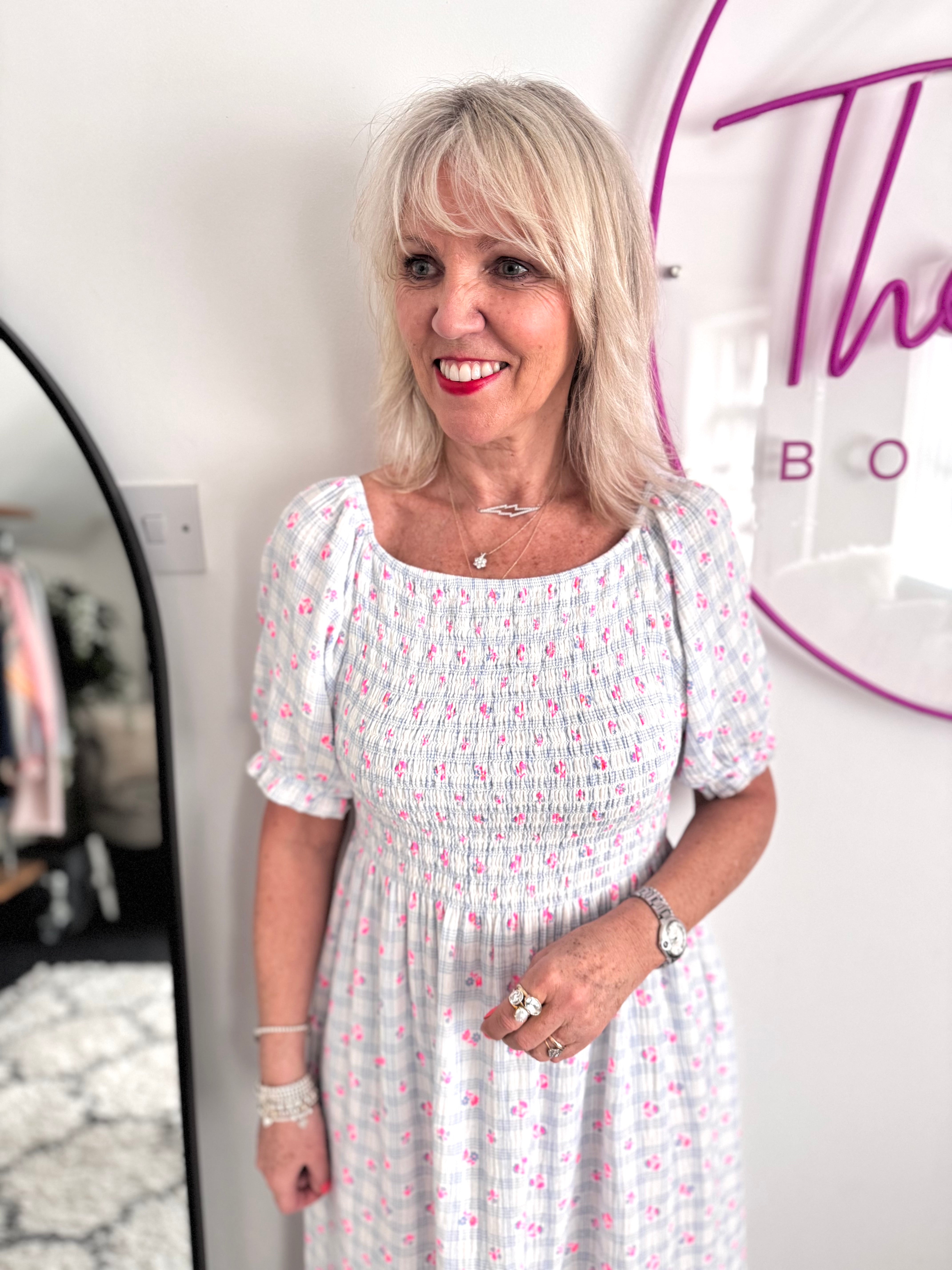 Ditsy Print Dress in Blue & Pink