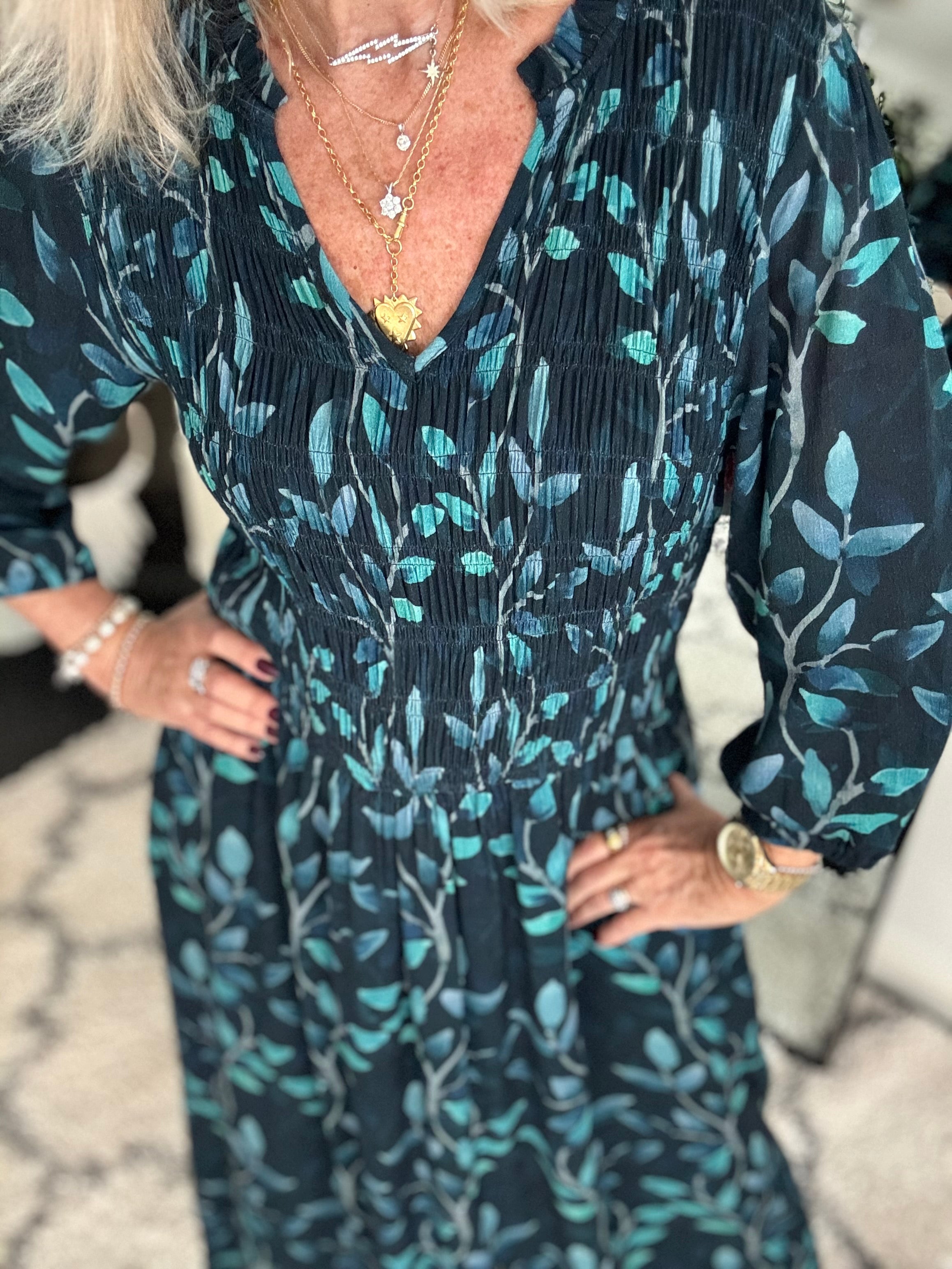 Leaf Print Dress with Shirred Bodice in Teal