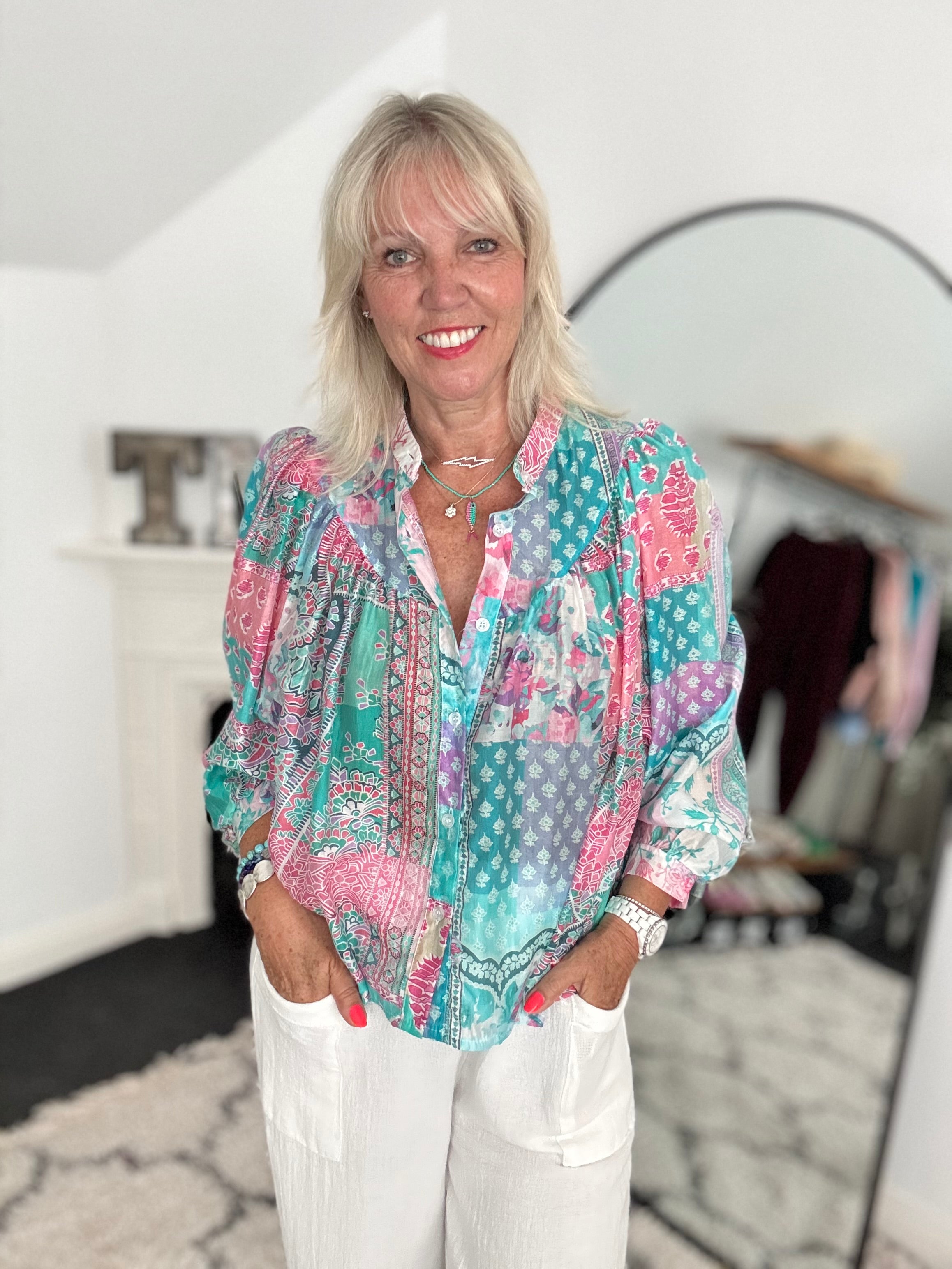Patchwork Shirt in Fuchsia & Teal