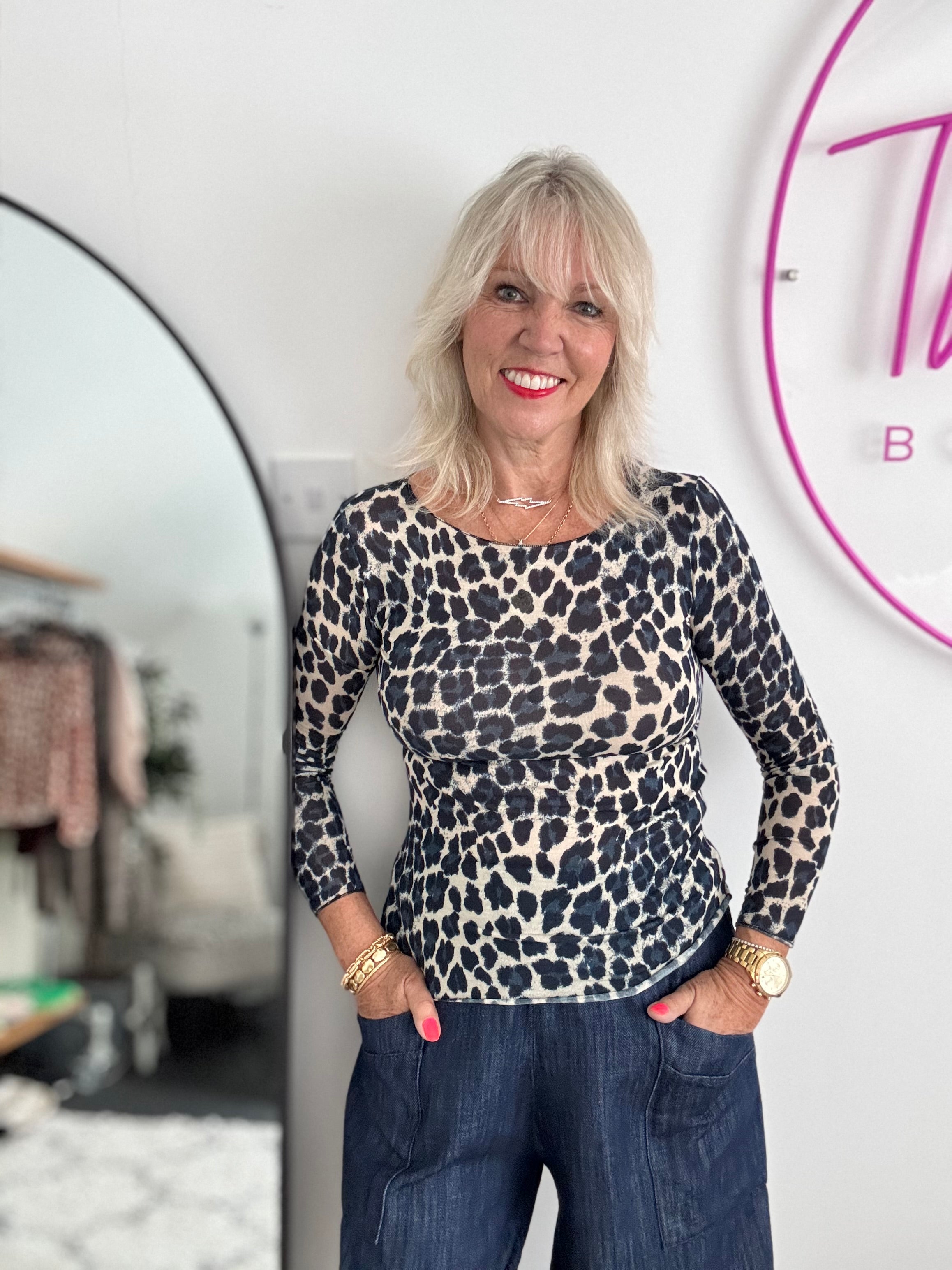 Ultrasoft Cashmere Blend Base Layer in Blue Leopard