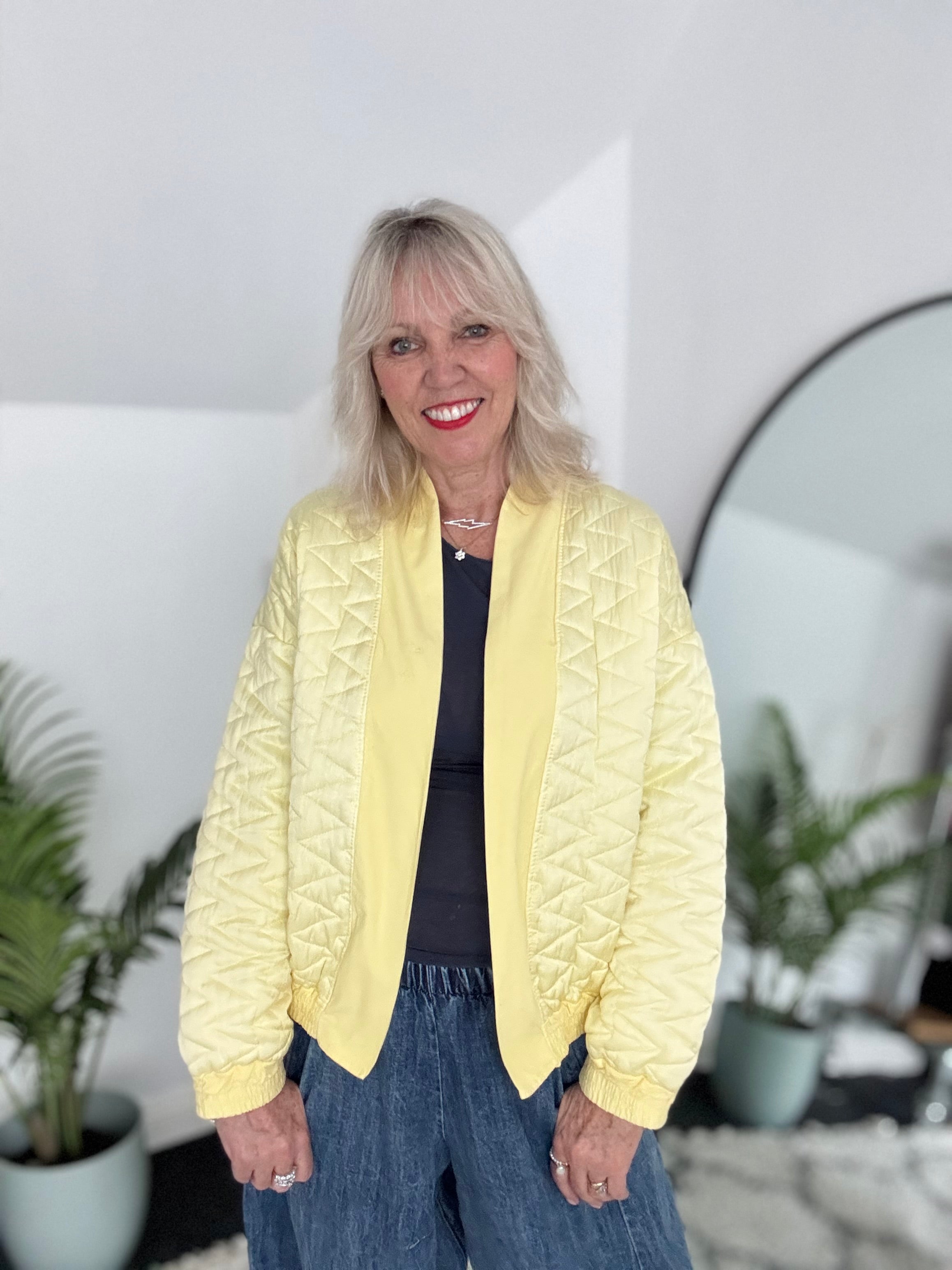 Designer Quilted Bomber Jacket in Lemon