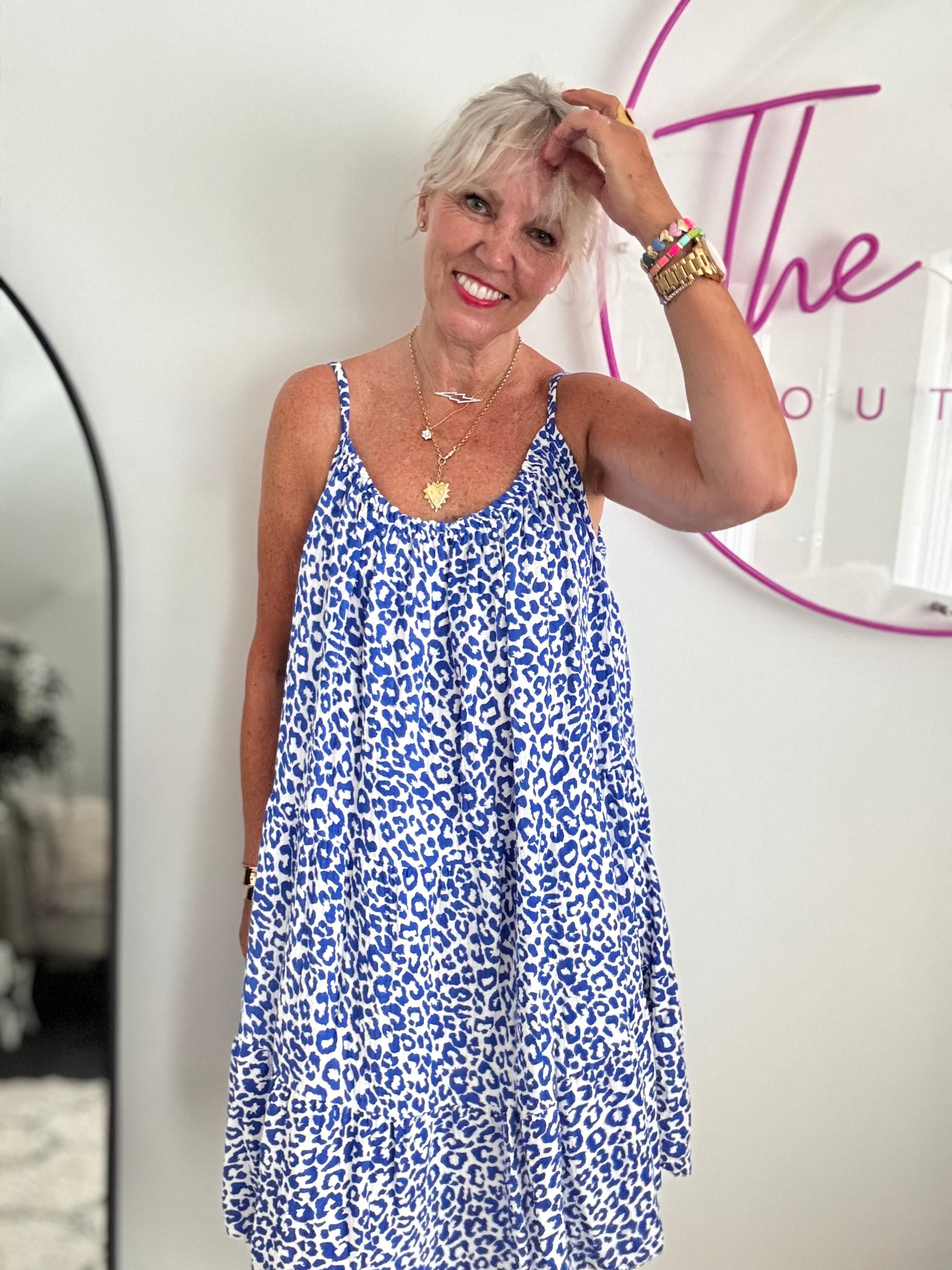 Leopard Cheesecloth Dress in Sapphire & White