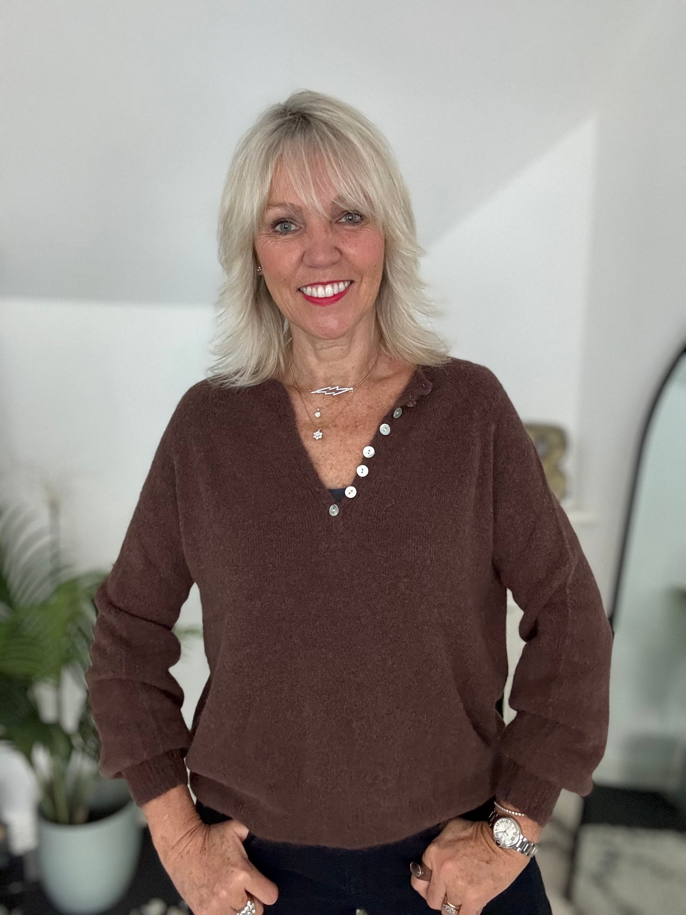 Softie Jumper with Button Neck in Chocolate