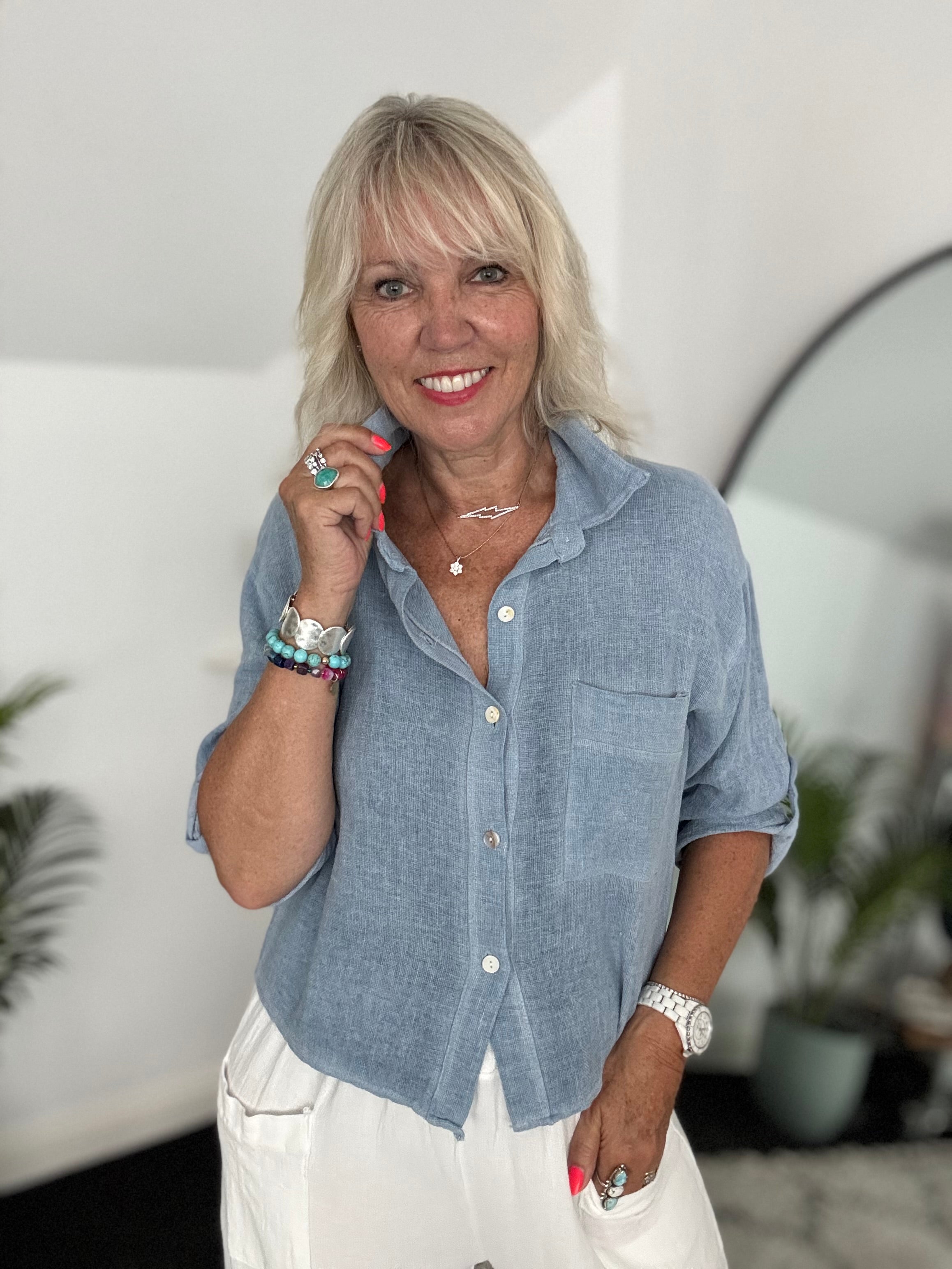 Linen & Cotton Pocket Top in Denim Blue