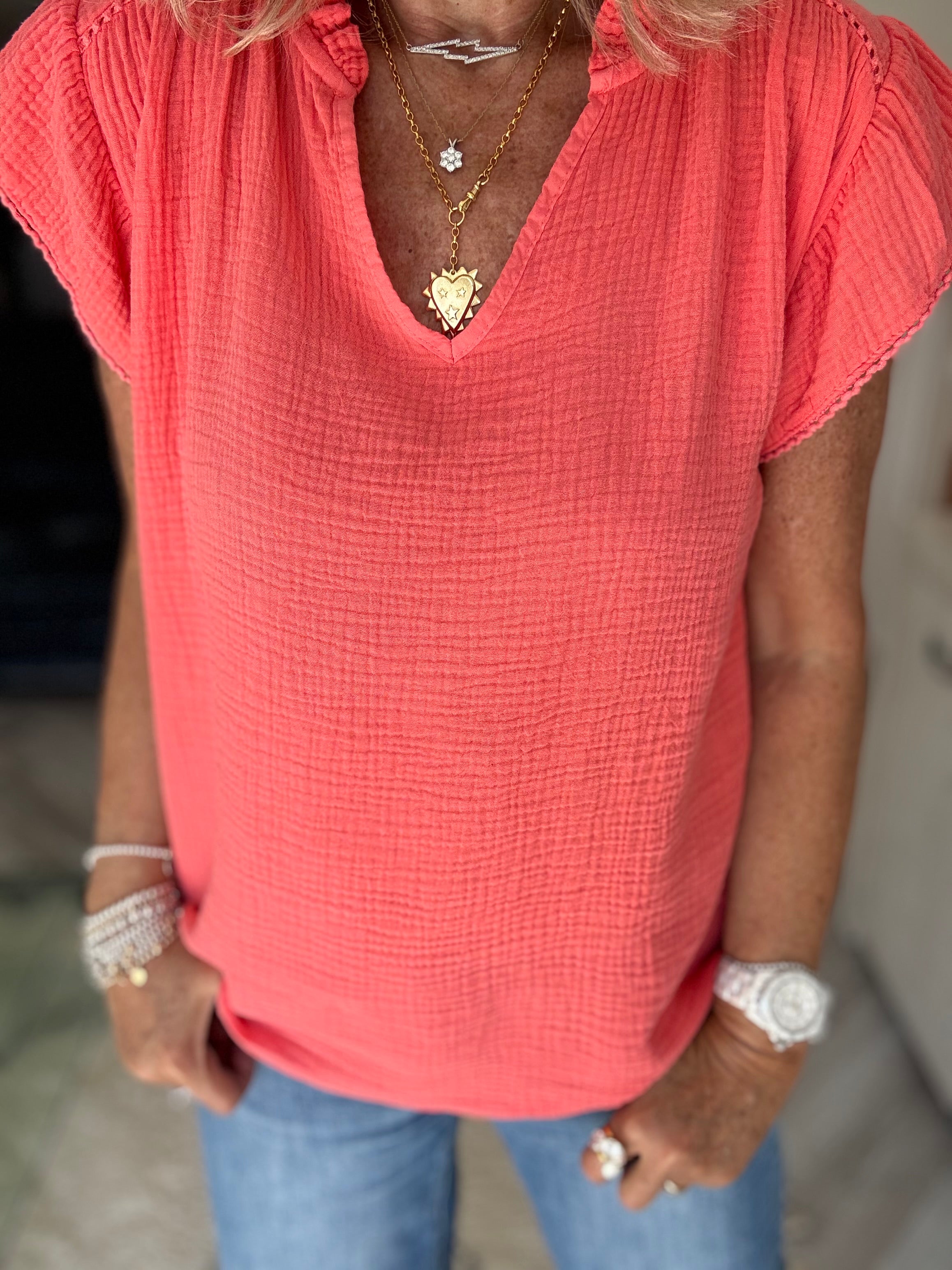Cheesecloth Top with Ruffle Sleeves in Coral