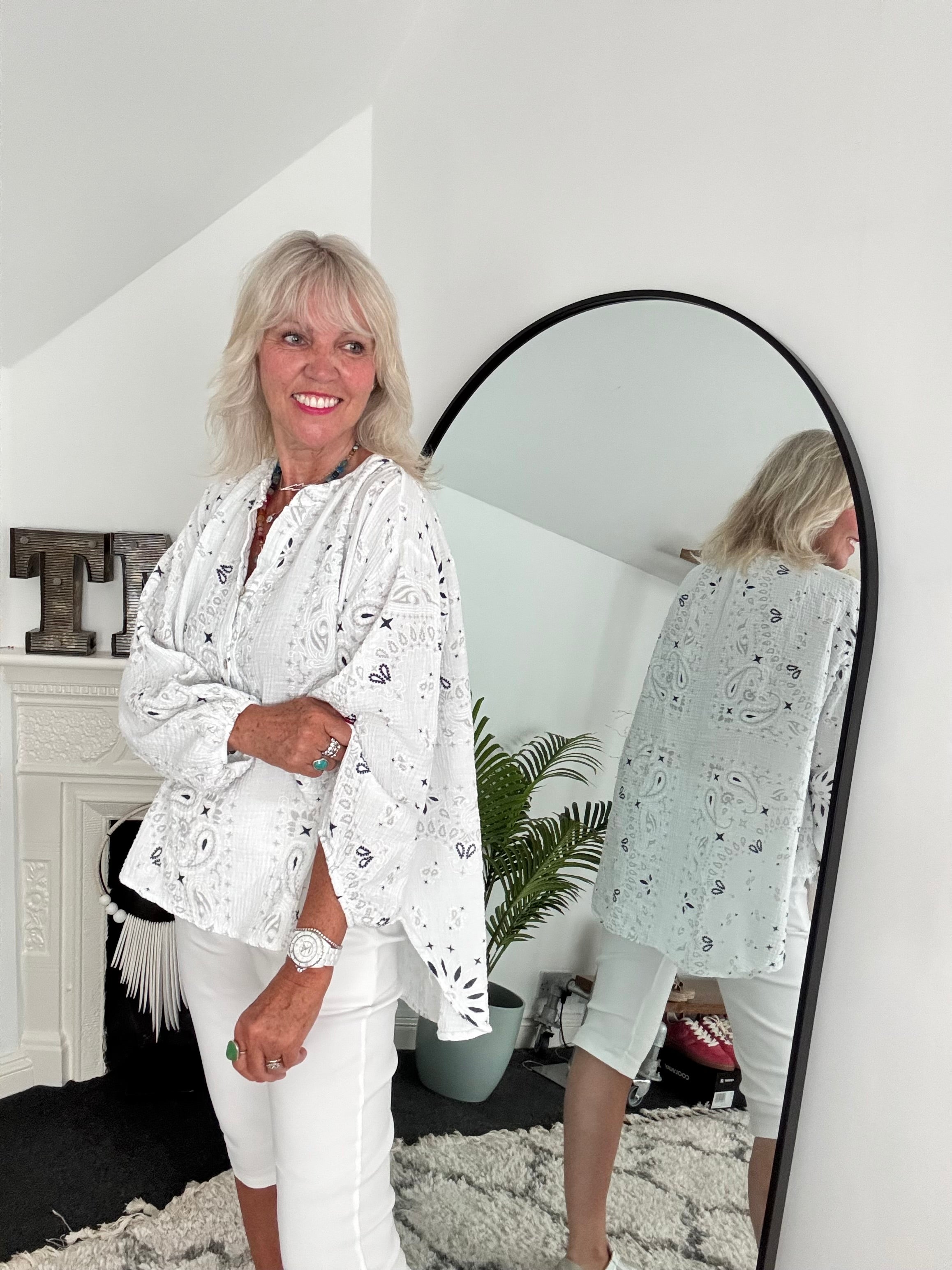 Oversized Paisley Cheesecloth Shirt in White