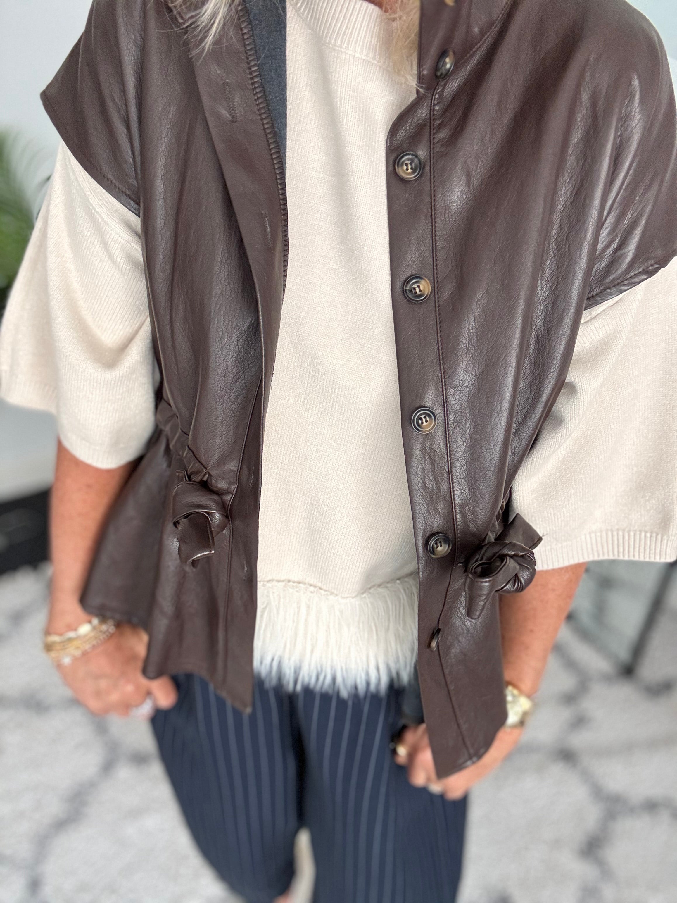 Designer Leather Gilet in Chocolate
