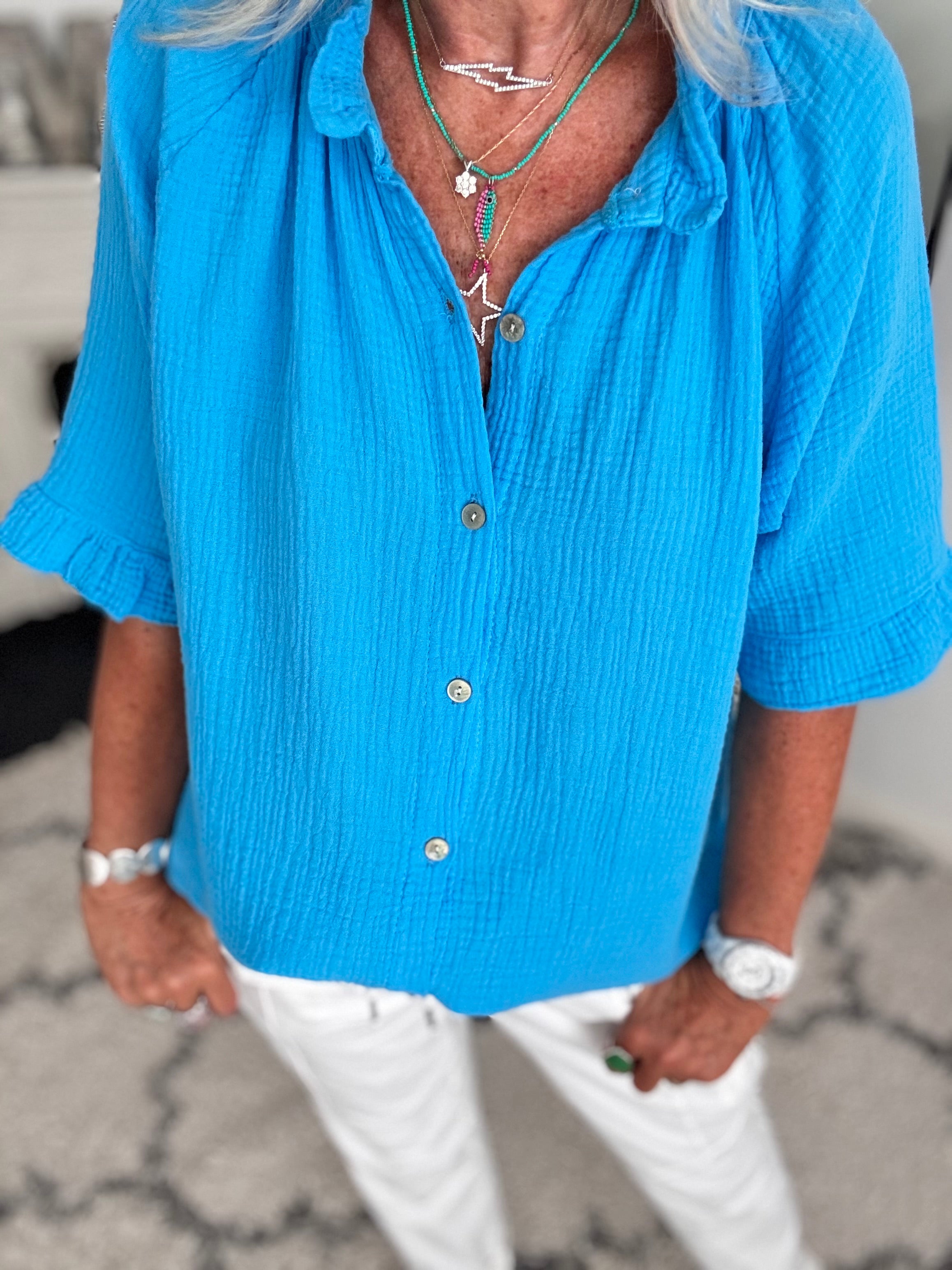 Short Sleeve Cheesecloth Shirt in Azure Blue