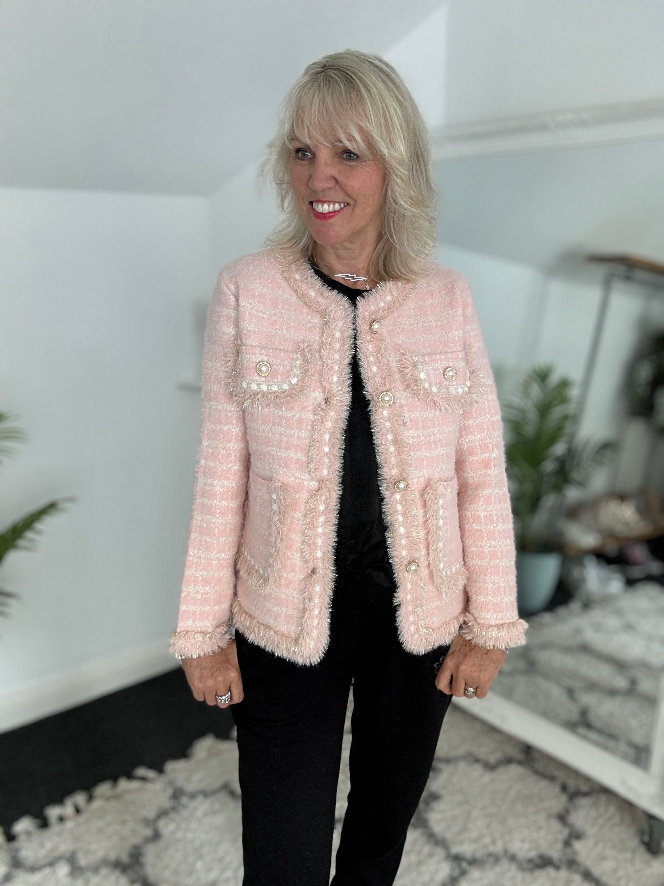 Pearl Button & Tweed Cardi Jacket in Pink