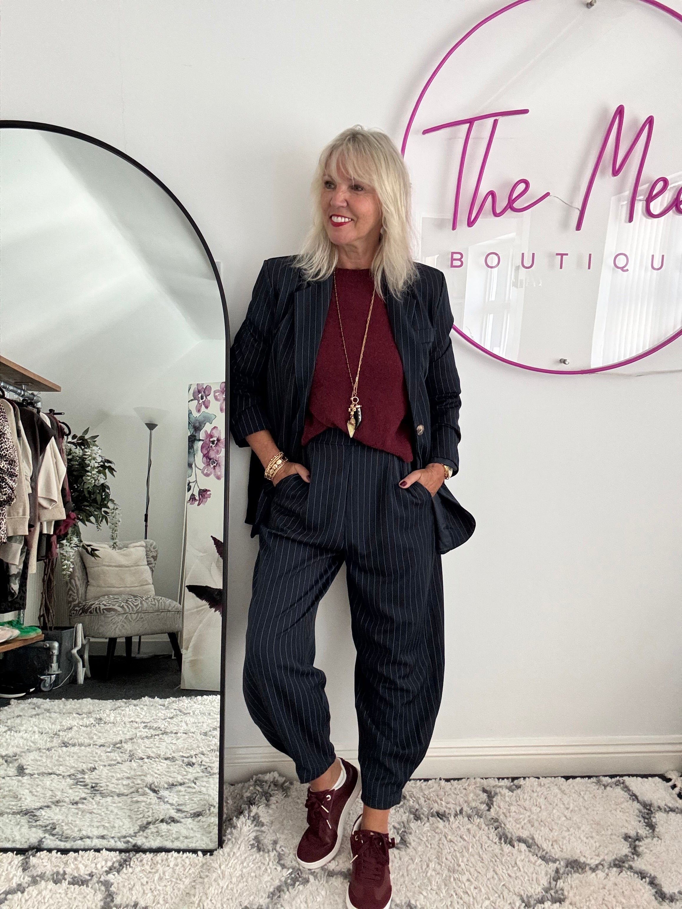 Pinstripe Barrel Leg Trousers in Navy