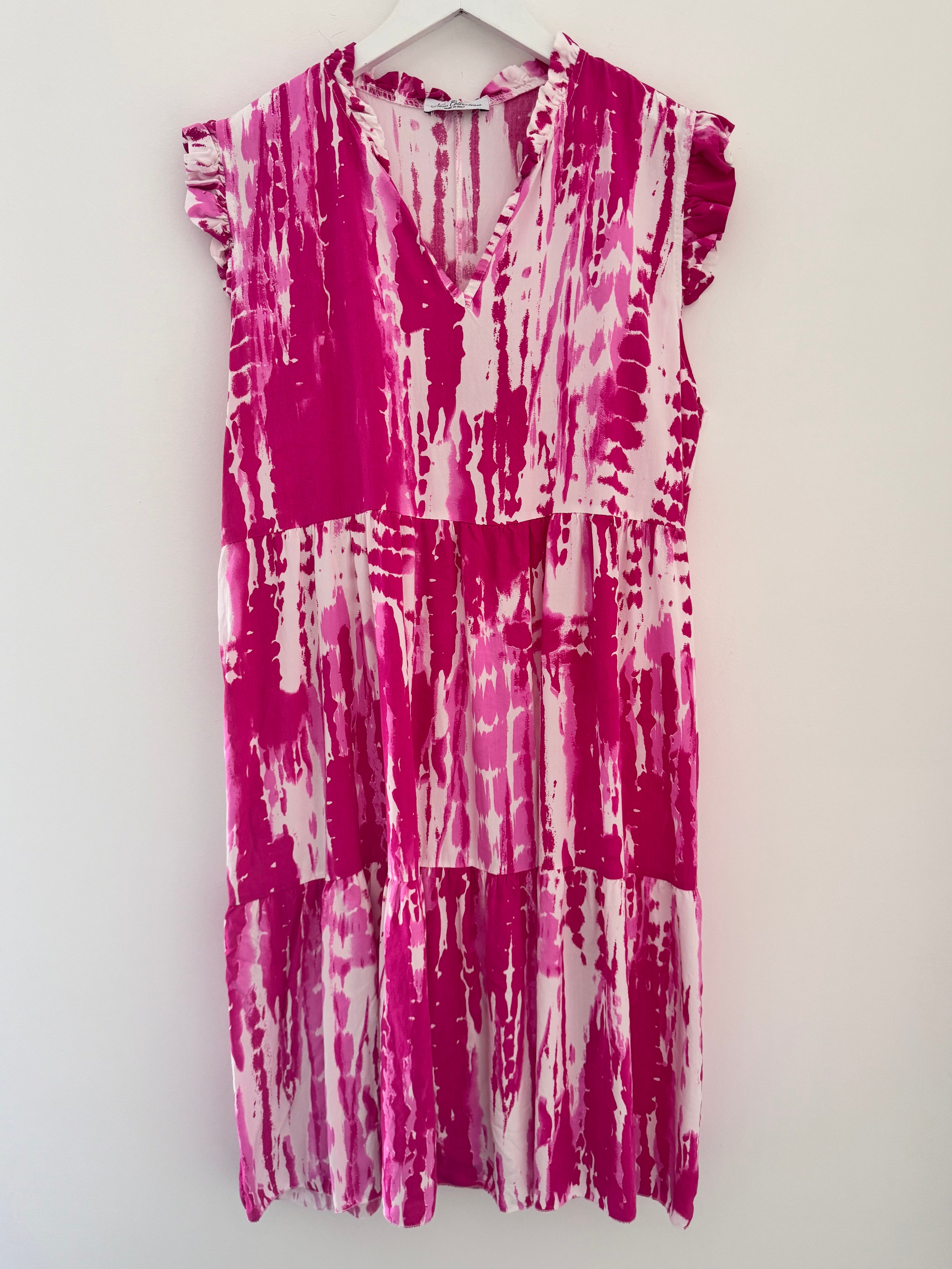 Tiered Sleeveless Dress in Fuchsia & White