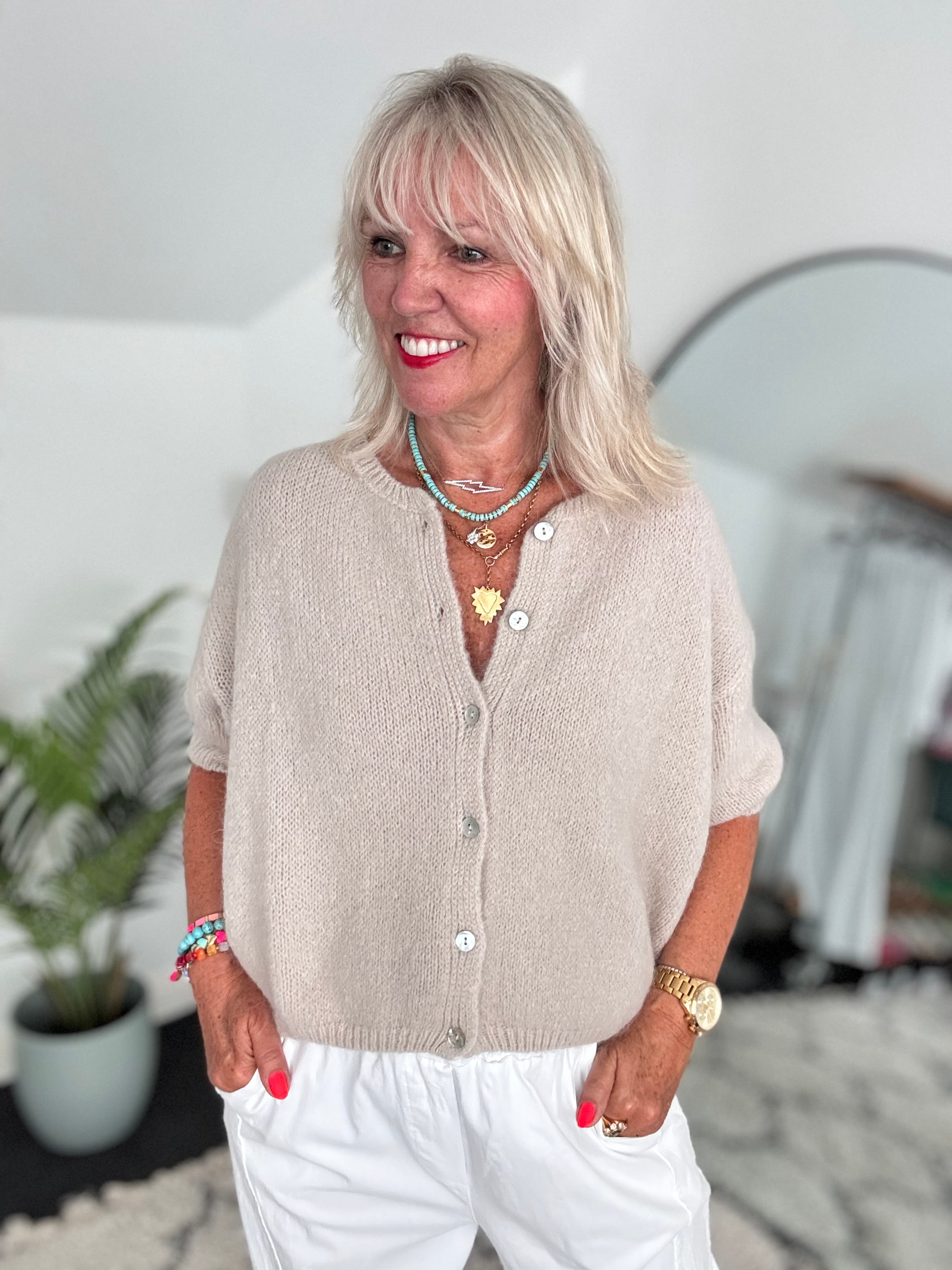 Super Soft Short Sleeve Cardi in Stone