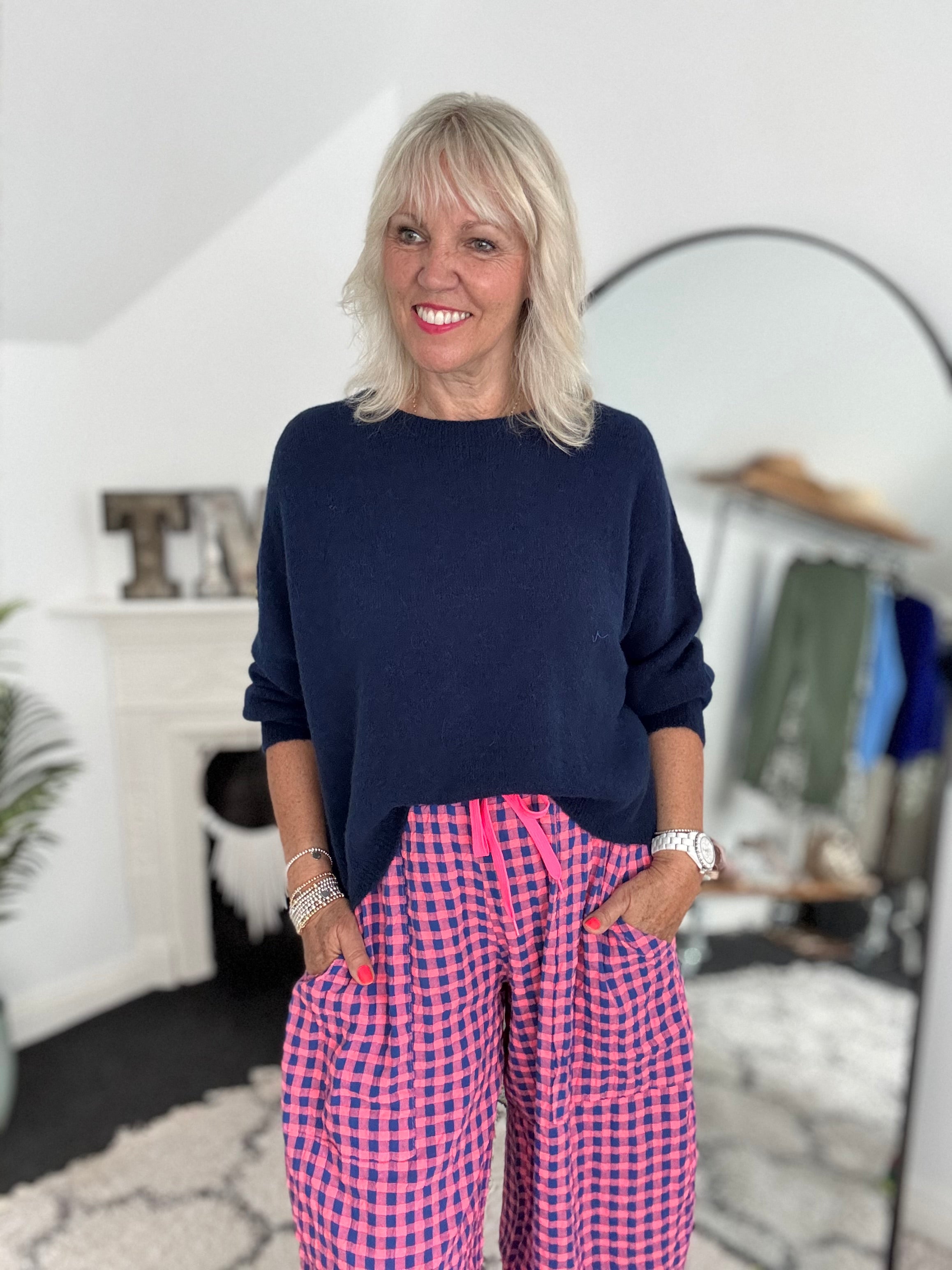 Barrel Check Trousers in Pink & Blue