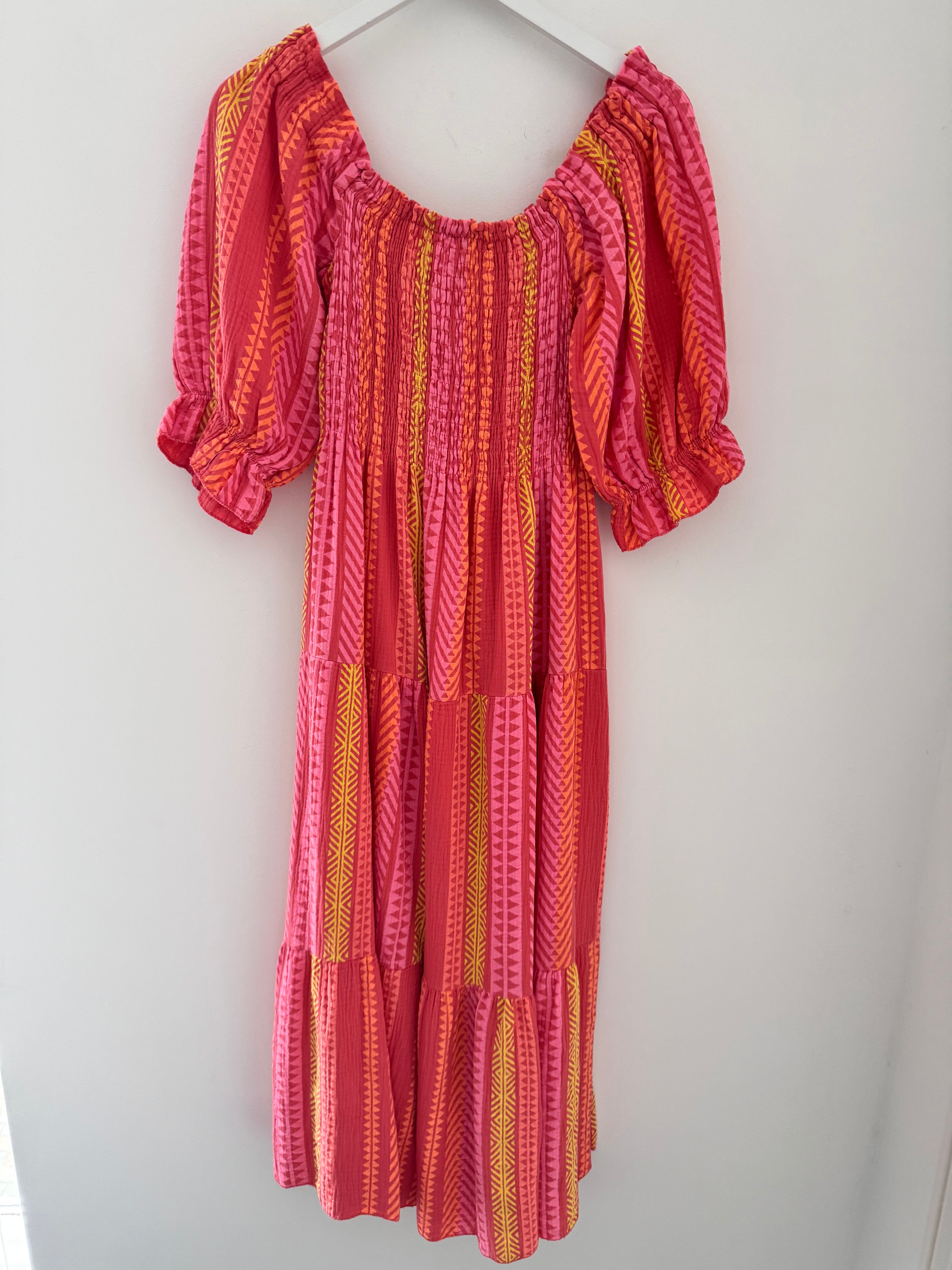 Aztec Shirred Midi Dress in Coral & Citrus