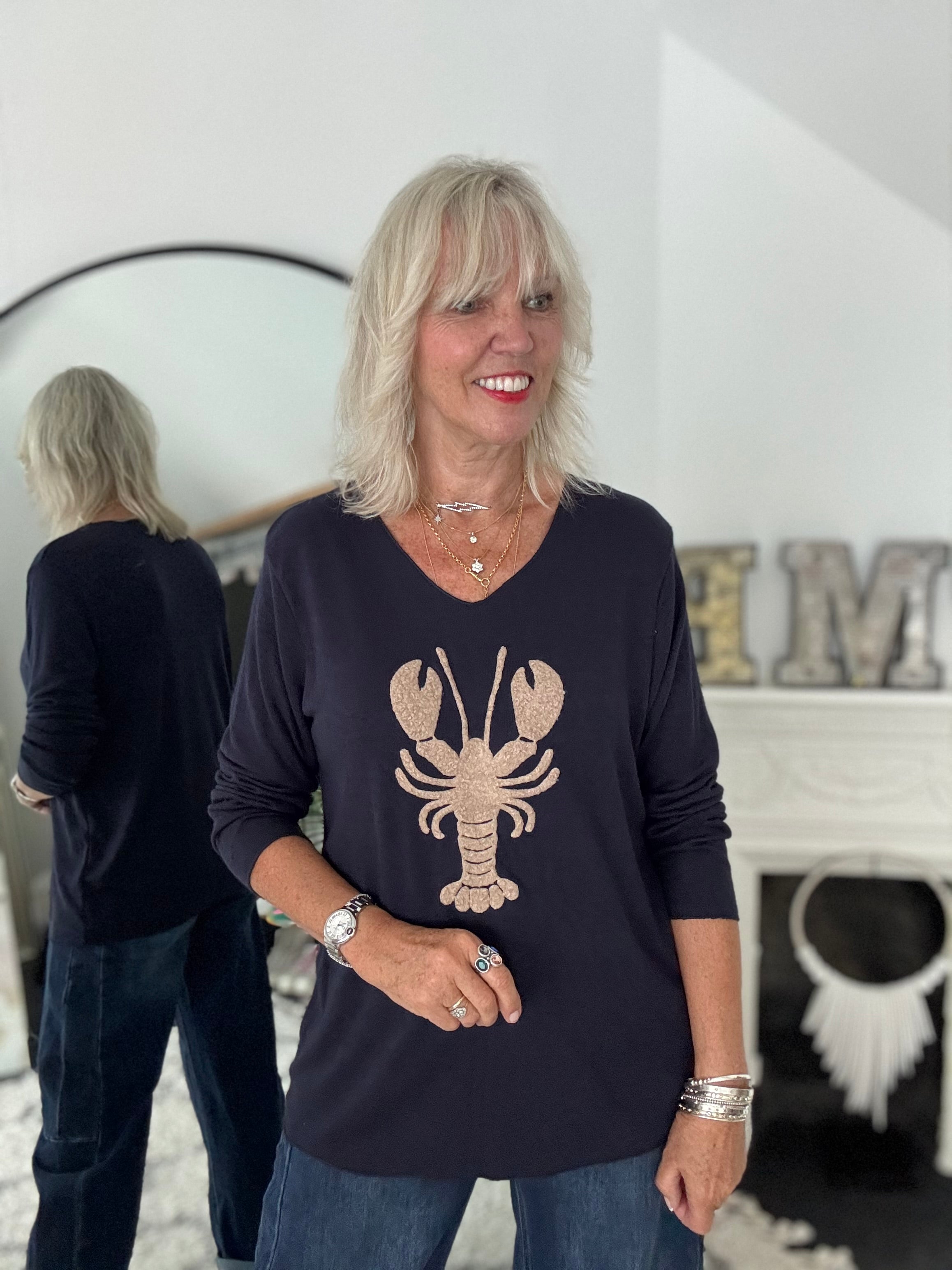 Soft V Neck Lobster Knit in Ink