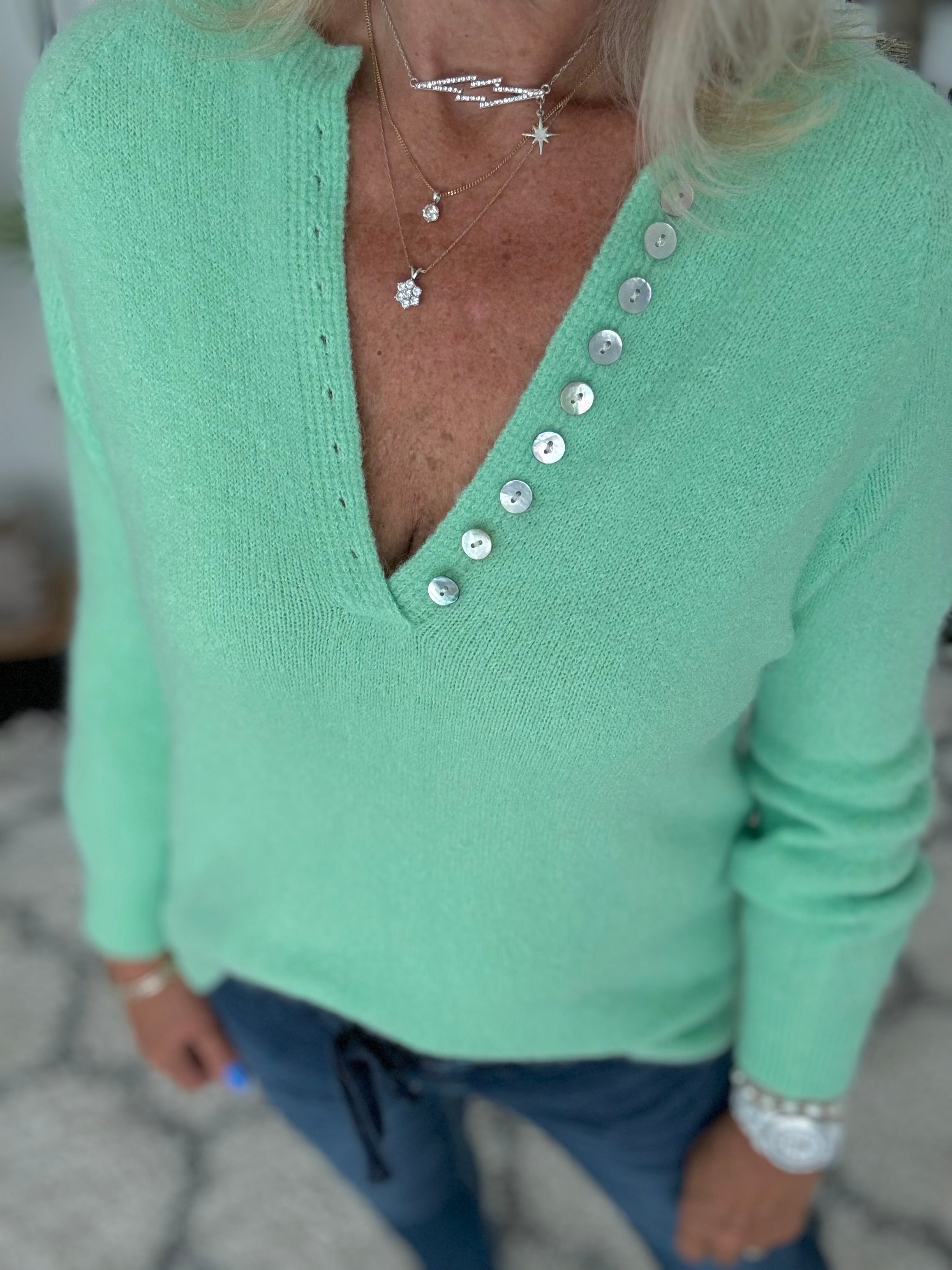 Softie Jumper with Button Neck in Mint