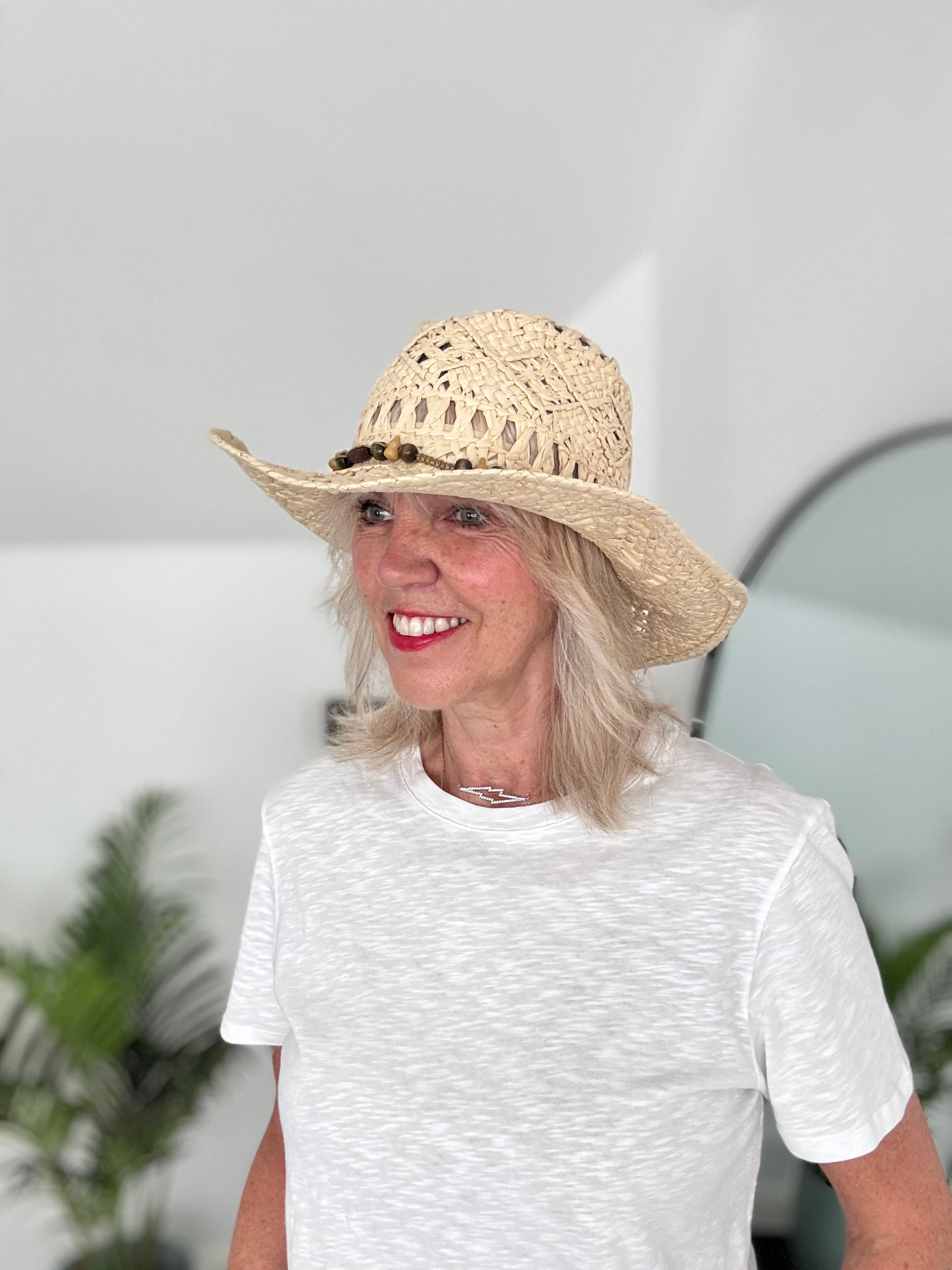 Straw Hat with Wooden Bead Tie