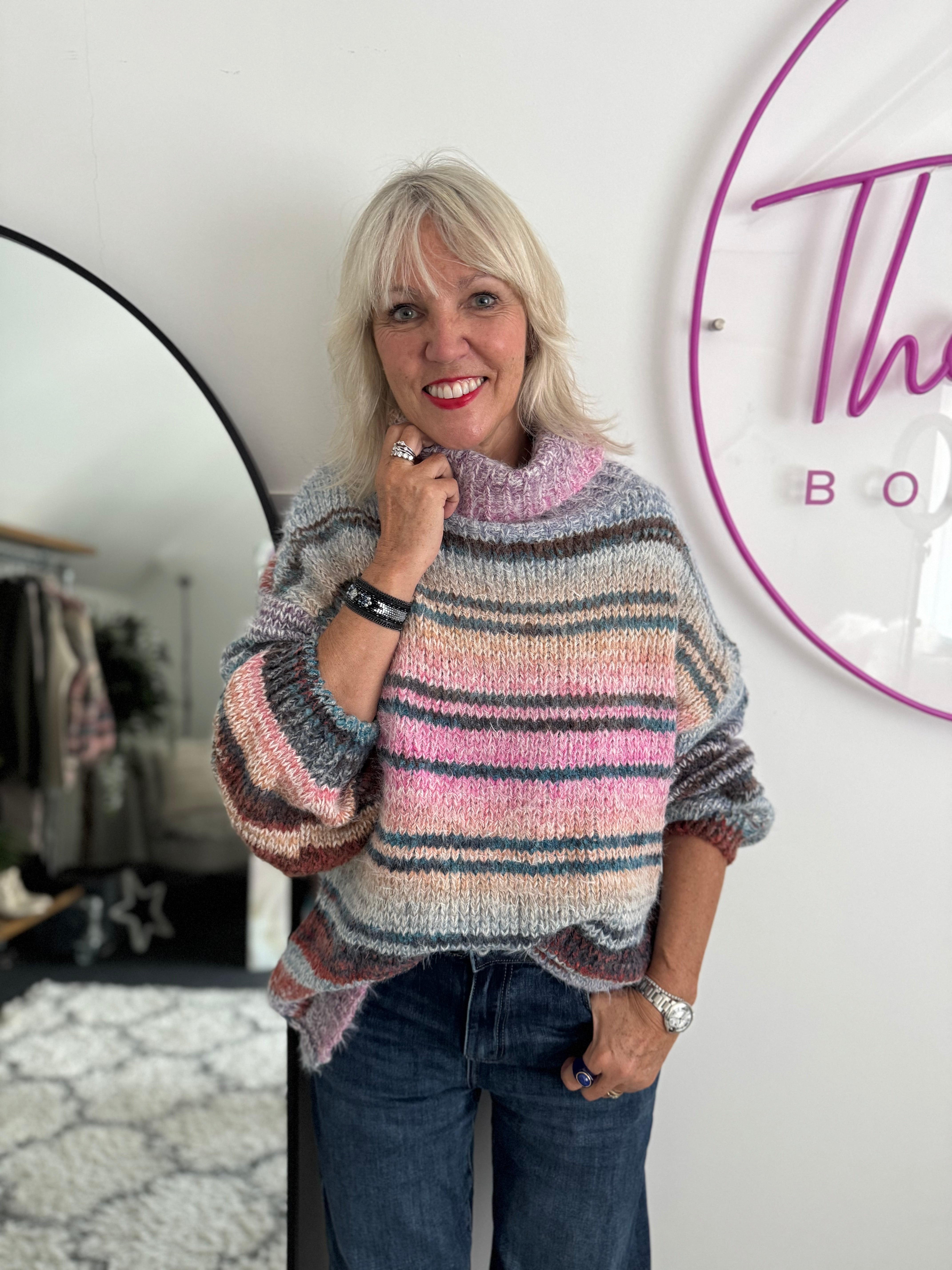 Oversized Stripe Roll Neck Jumper in Pink & Teal