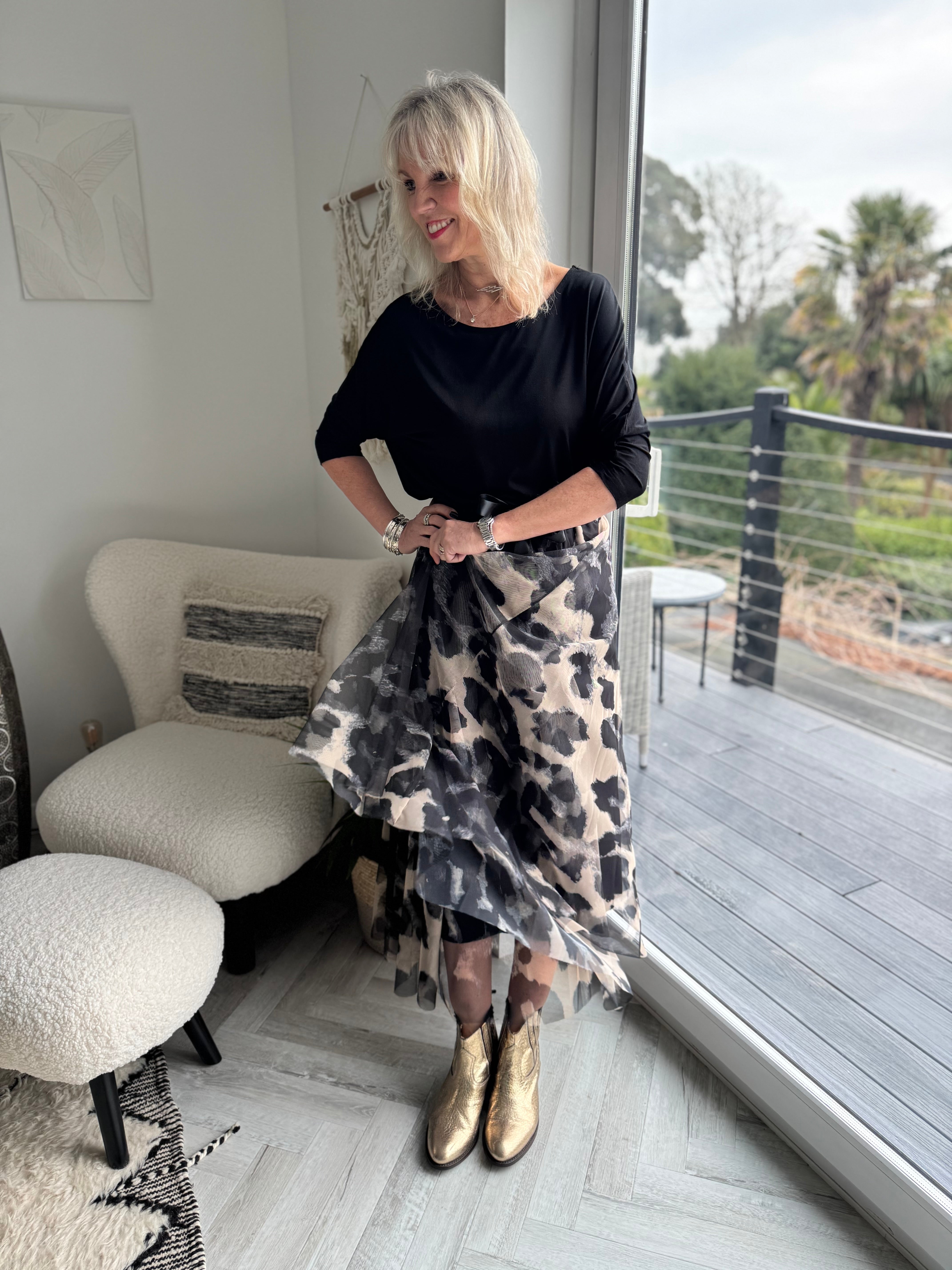 Tulle Midi Skirt in Black & Mocha Leopard