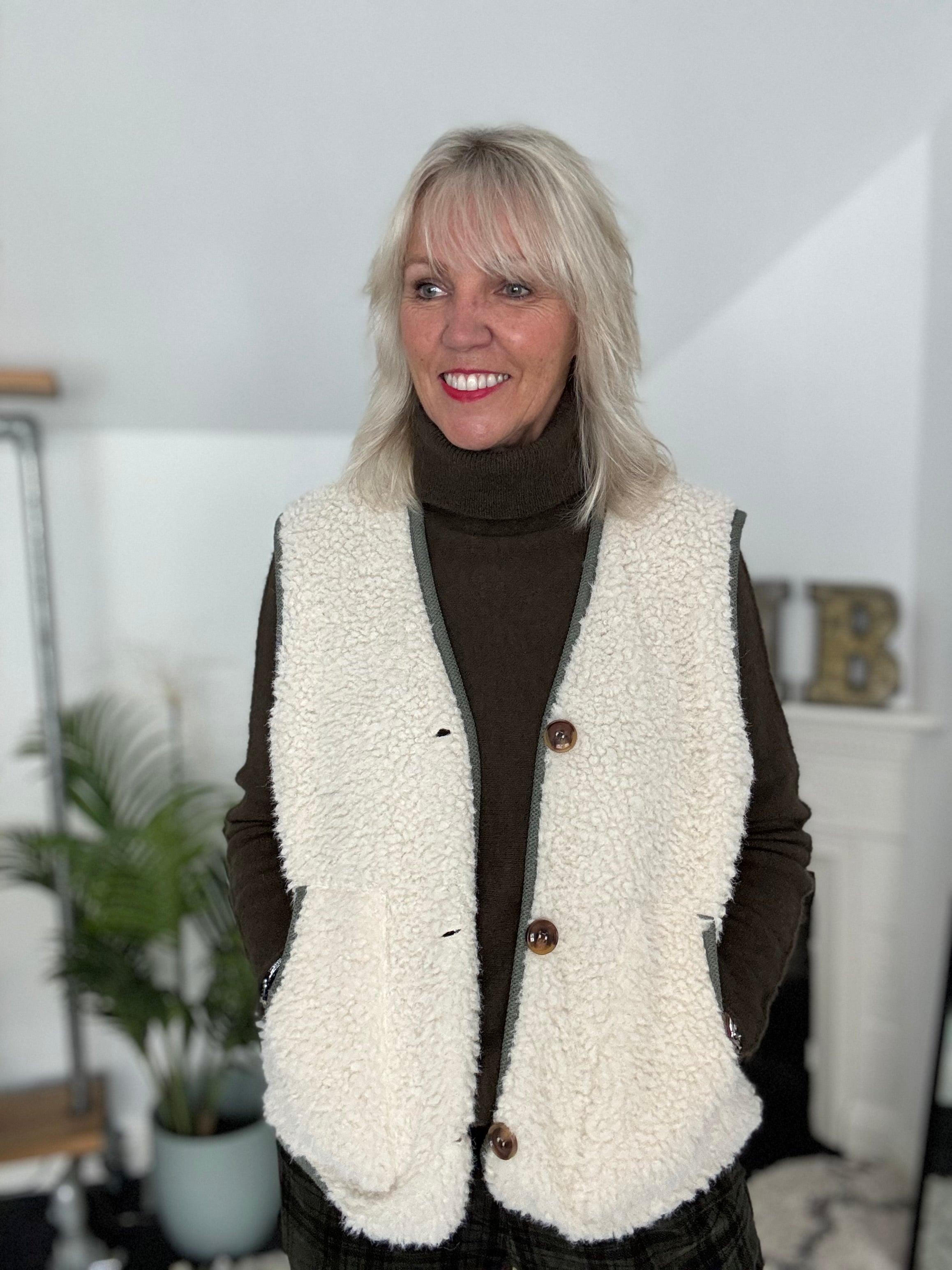 Sheepskin Borg Gilet with Khaki Trim