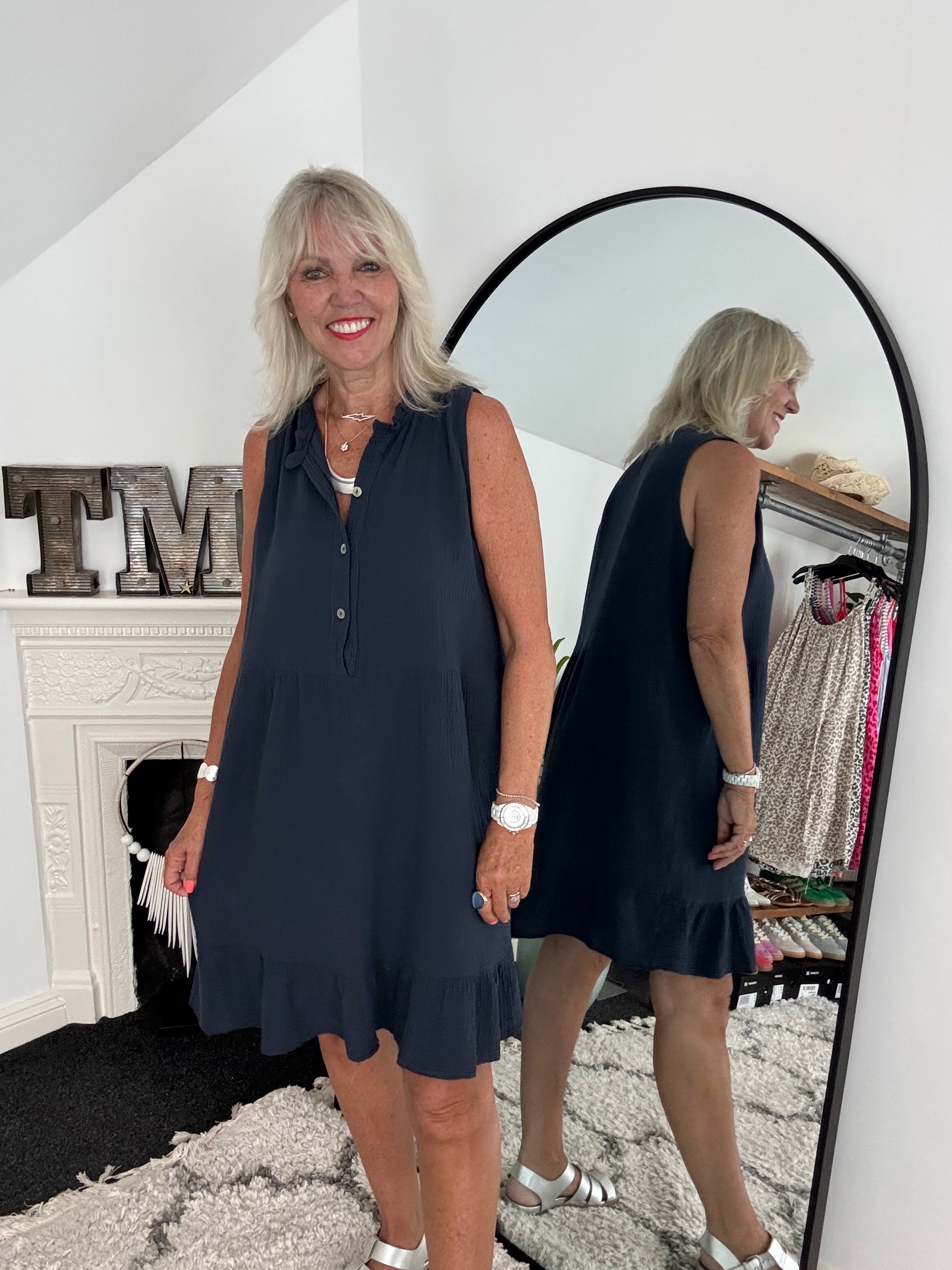 Cheesecloth Dress with Button Front in Navy