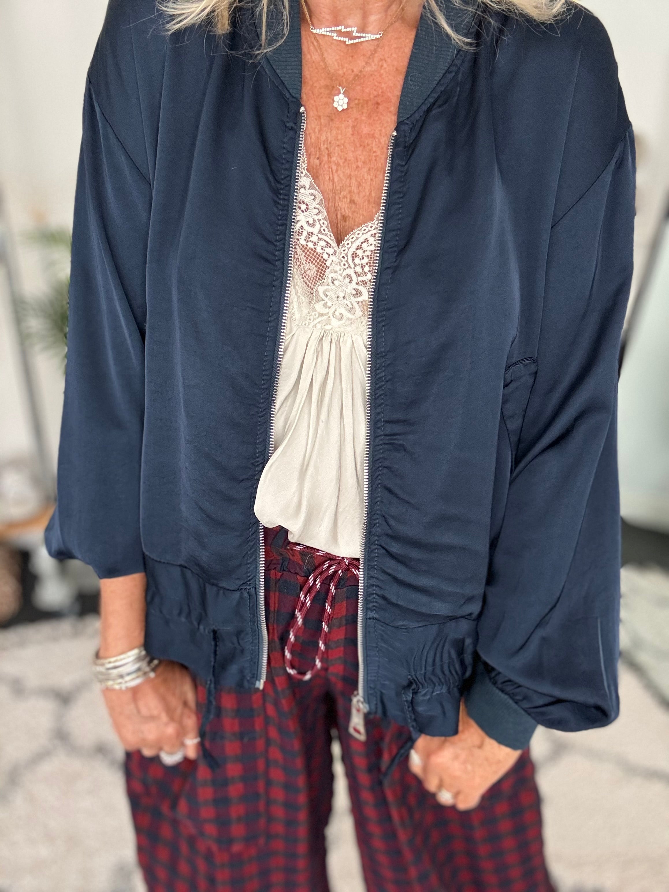 Silky Bomber Jacket in Midnight Blue