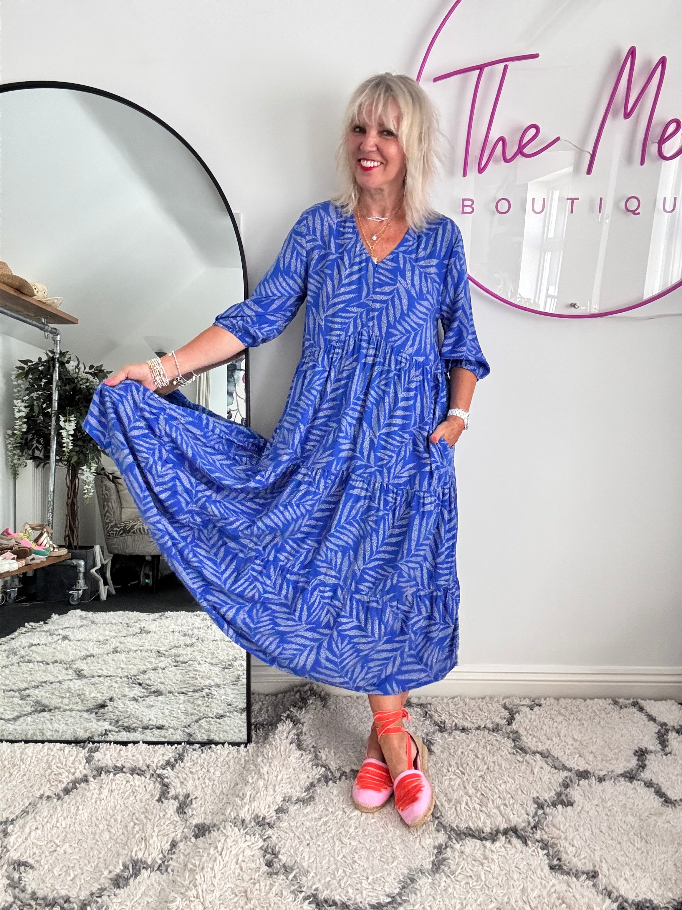 Leaf Tiered Dress in Royal Blue