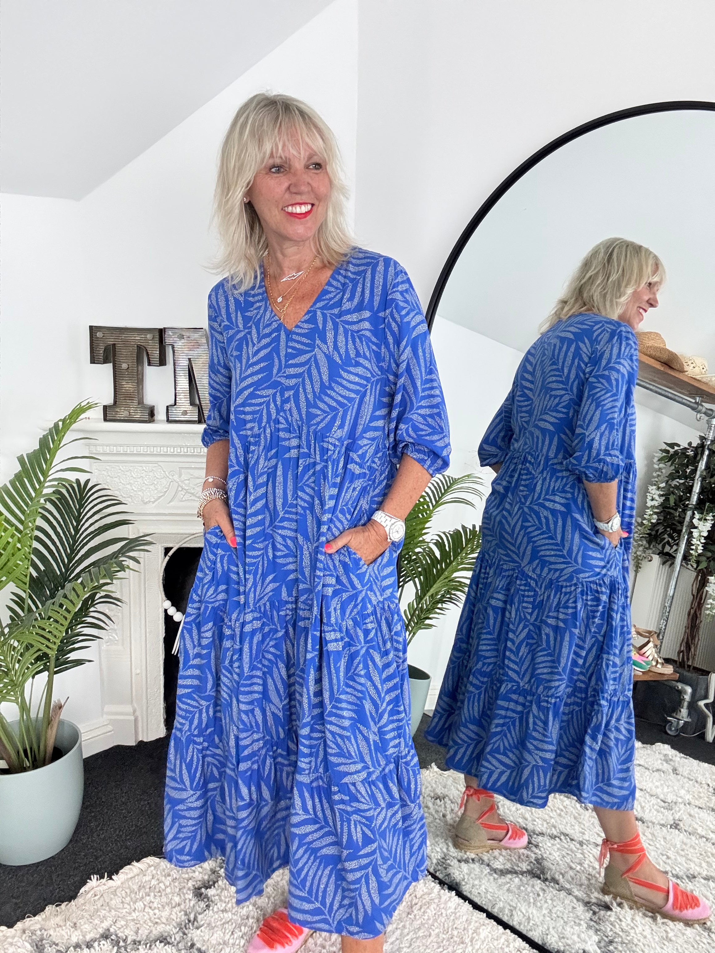 Leaf Tiered Dress in Royal Blue