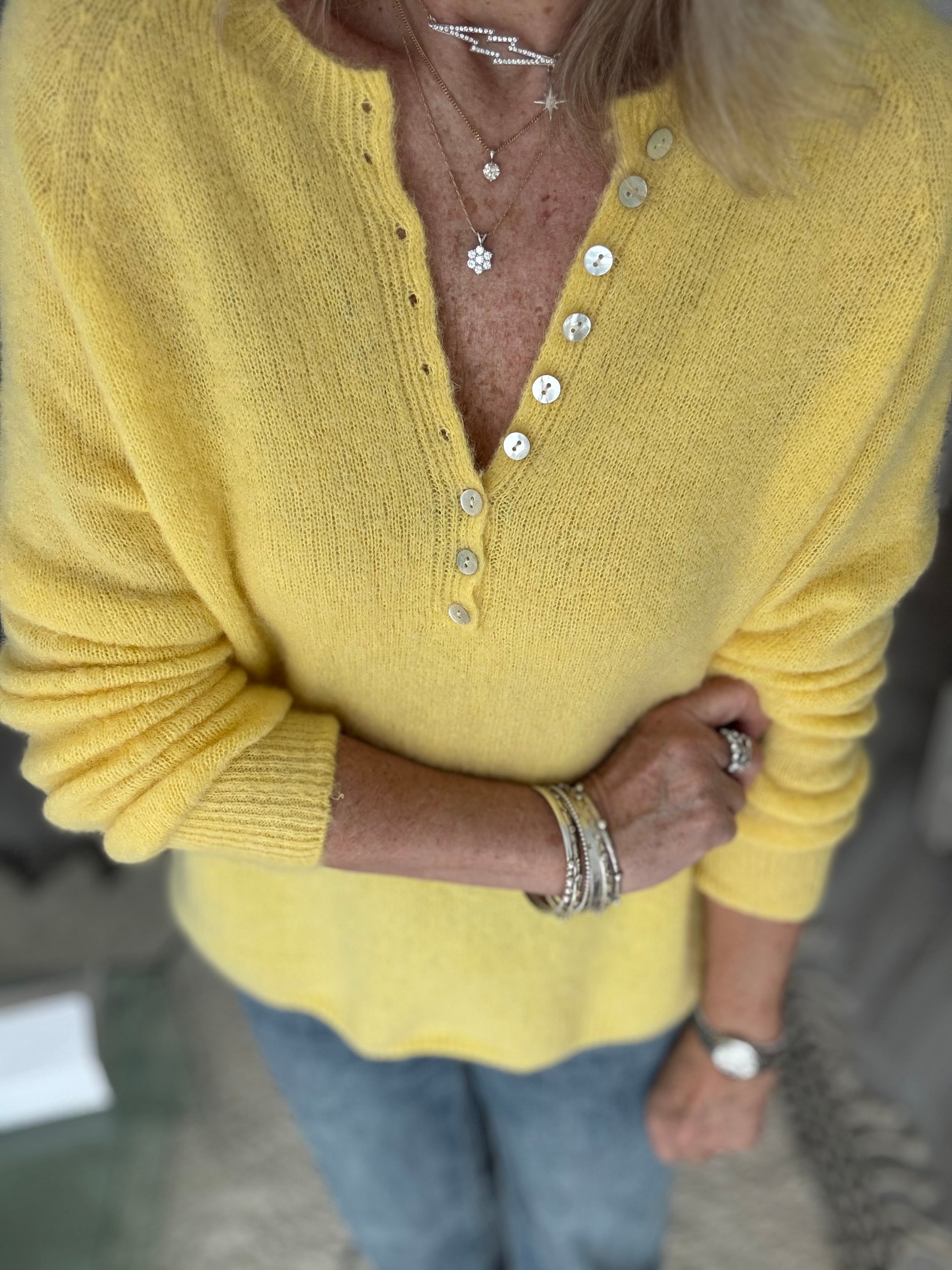 Softie Jumper with Button Neck in Yellow