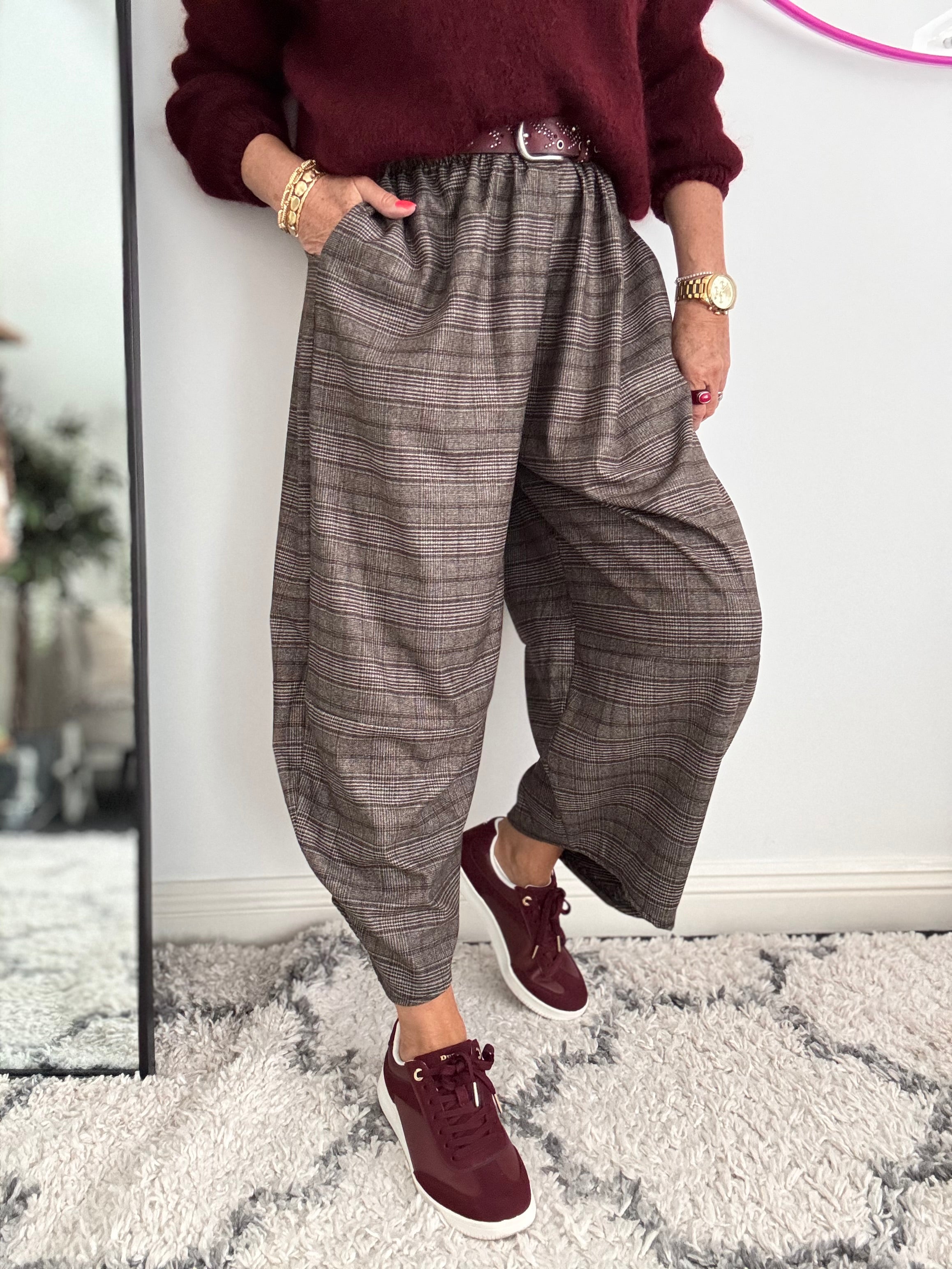 Wide Leg Check Trousers in Chocolate