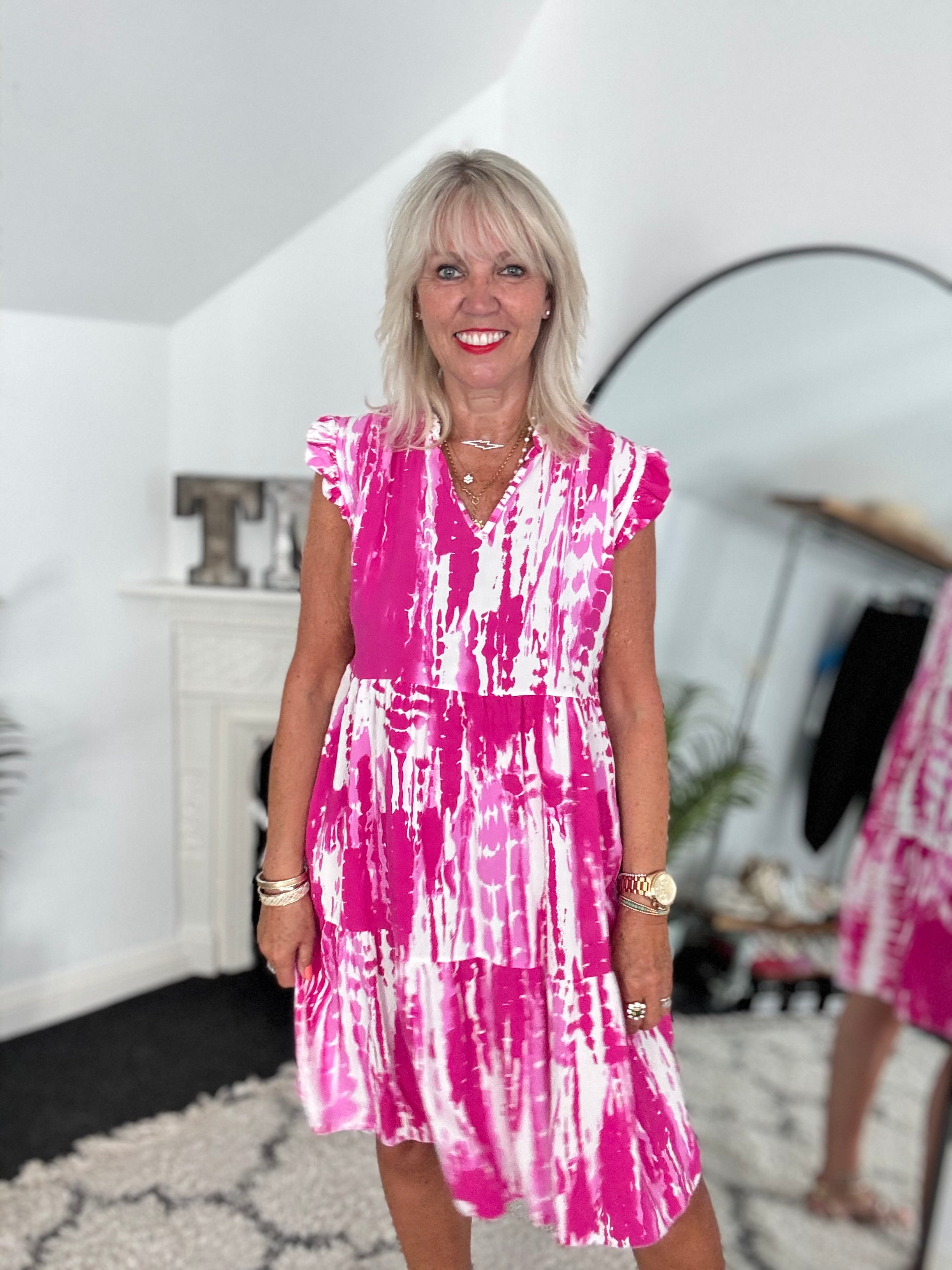 Tiered Sleeveless Dress in Fuchsia & White