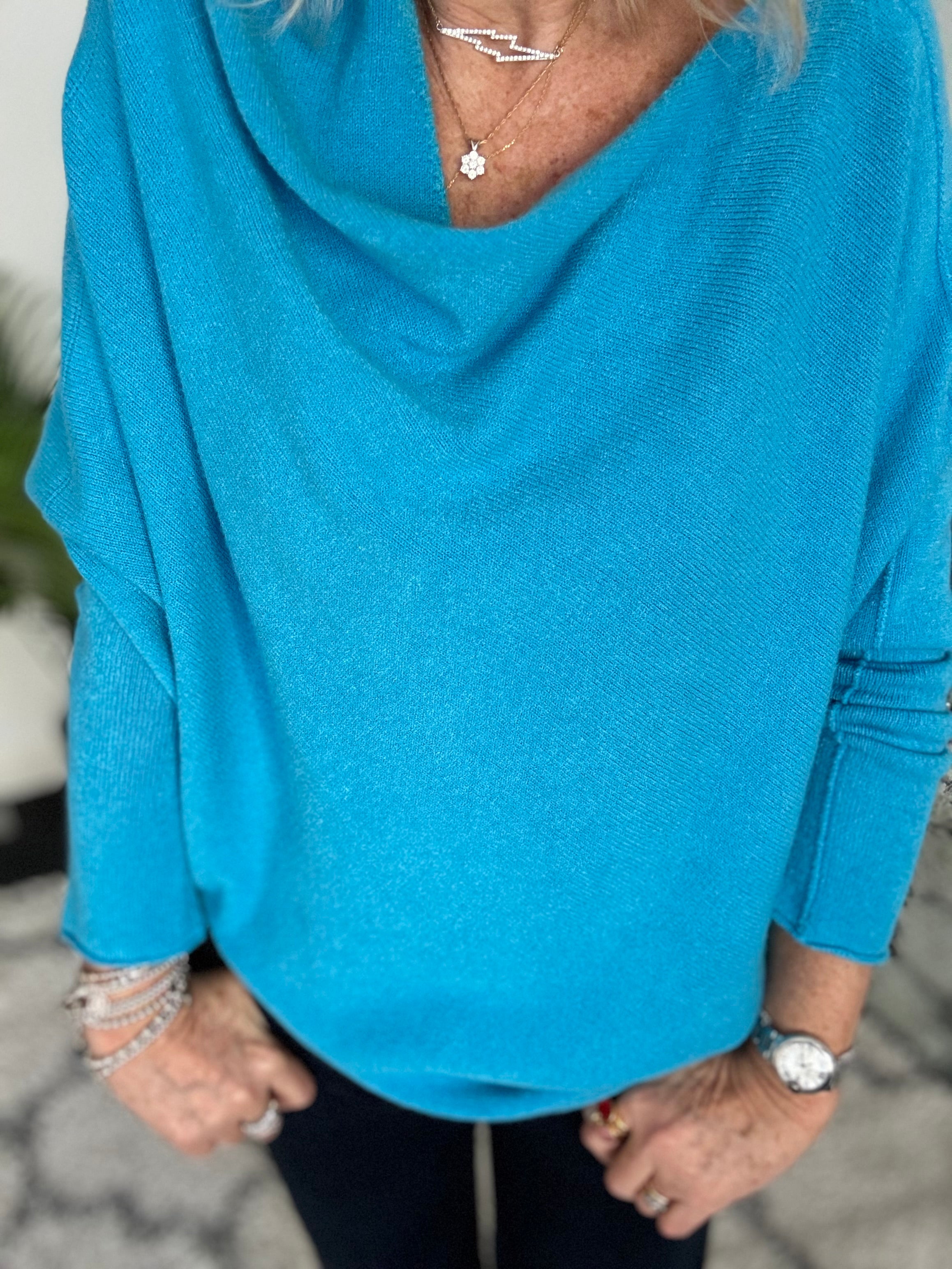 Cowl Neck Asymmetric Jumper in Turquoise