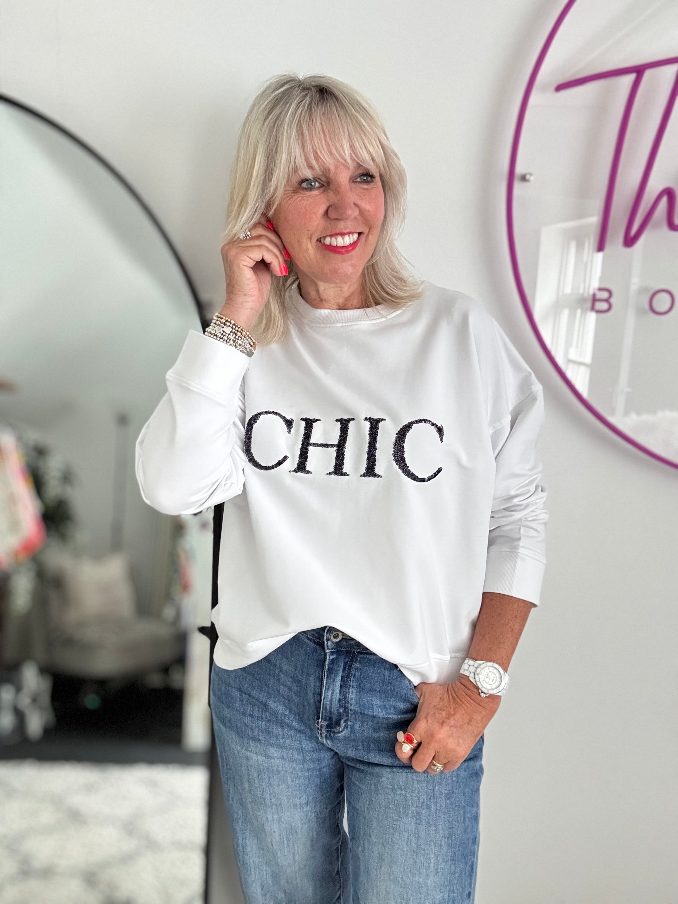 Chic Sequin Sweatshirt in White