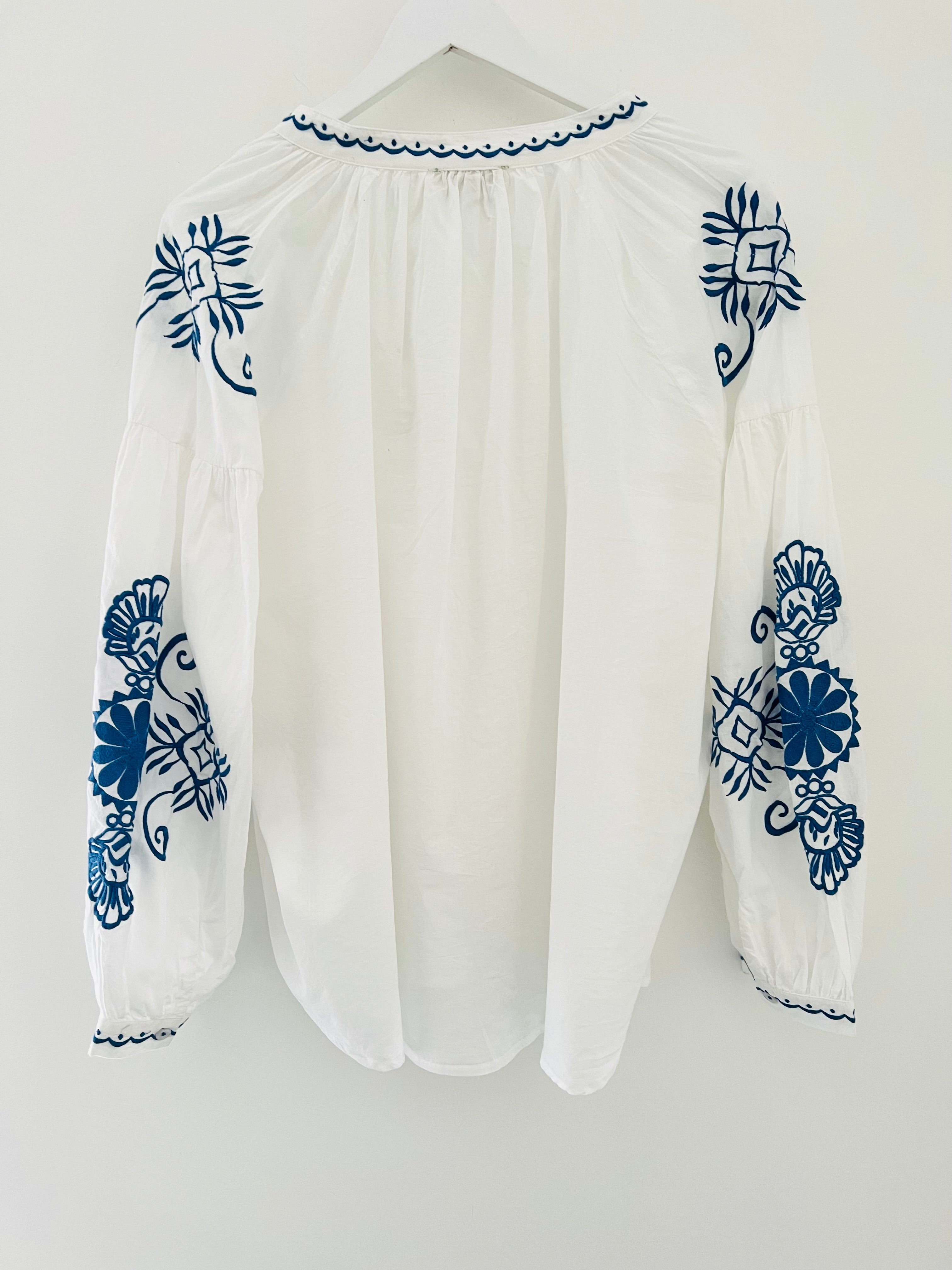 White Cotton Shirt with Blue Embroidery