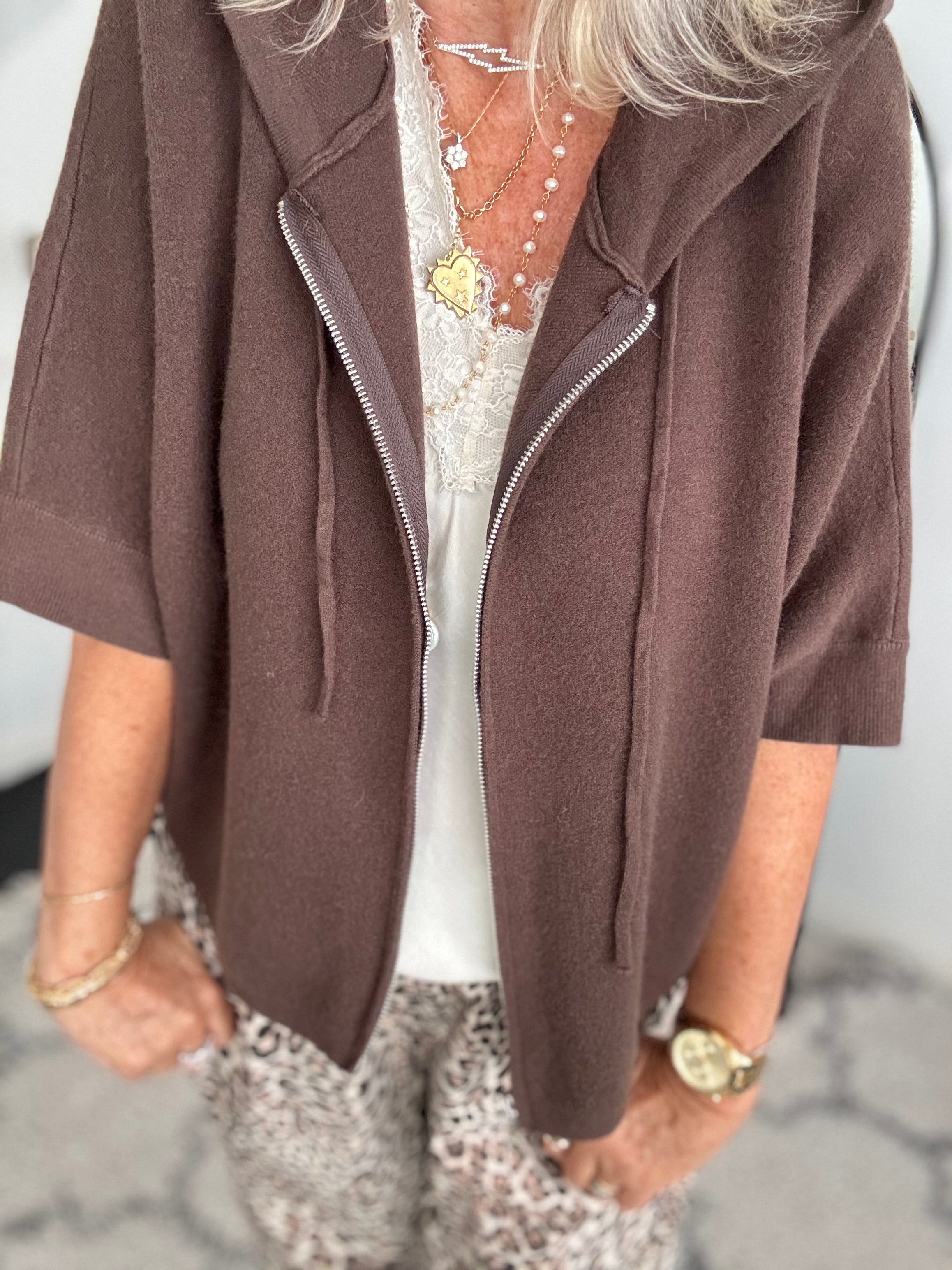 Soft Hooded Zipped Knit in Chocolate